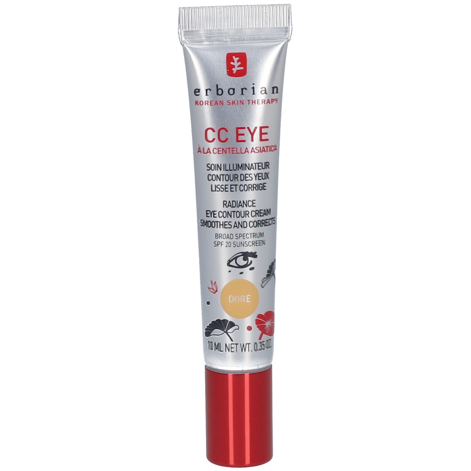 Tube de crème avec bouchon rouge. Inscription: CC EYE, Doré. Contient 10 ml. Marque: Erborian.