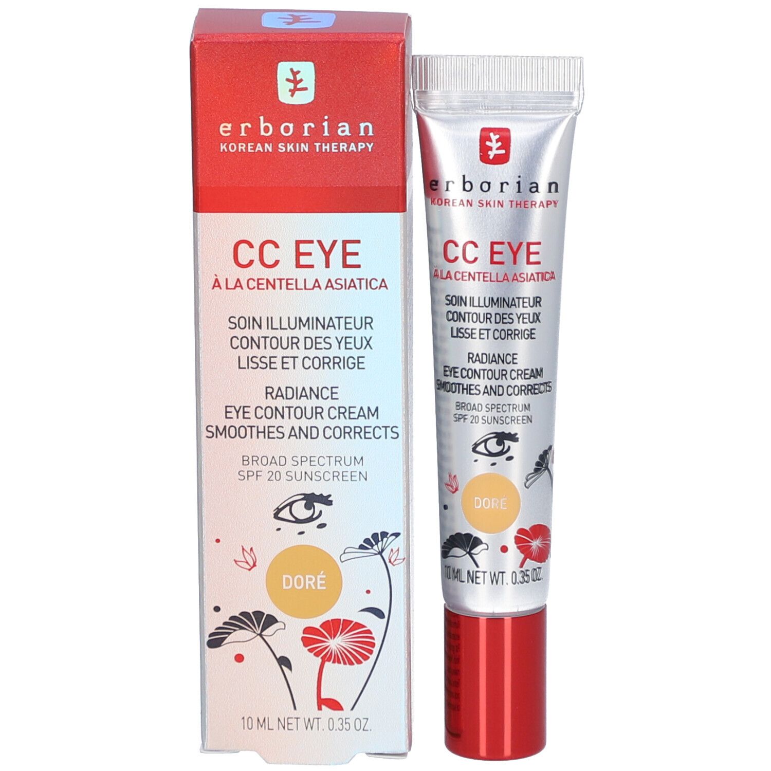 Emballage du produit avec tube. Inscription: CC EYE, Doré. Contient 10 ml. Marque: Erborian.