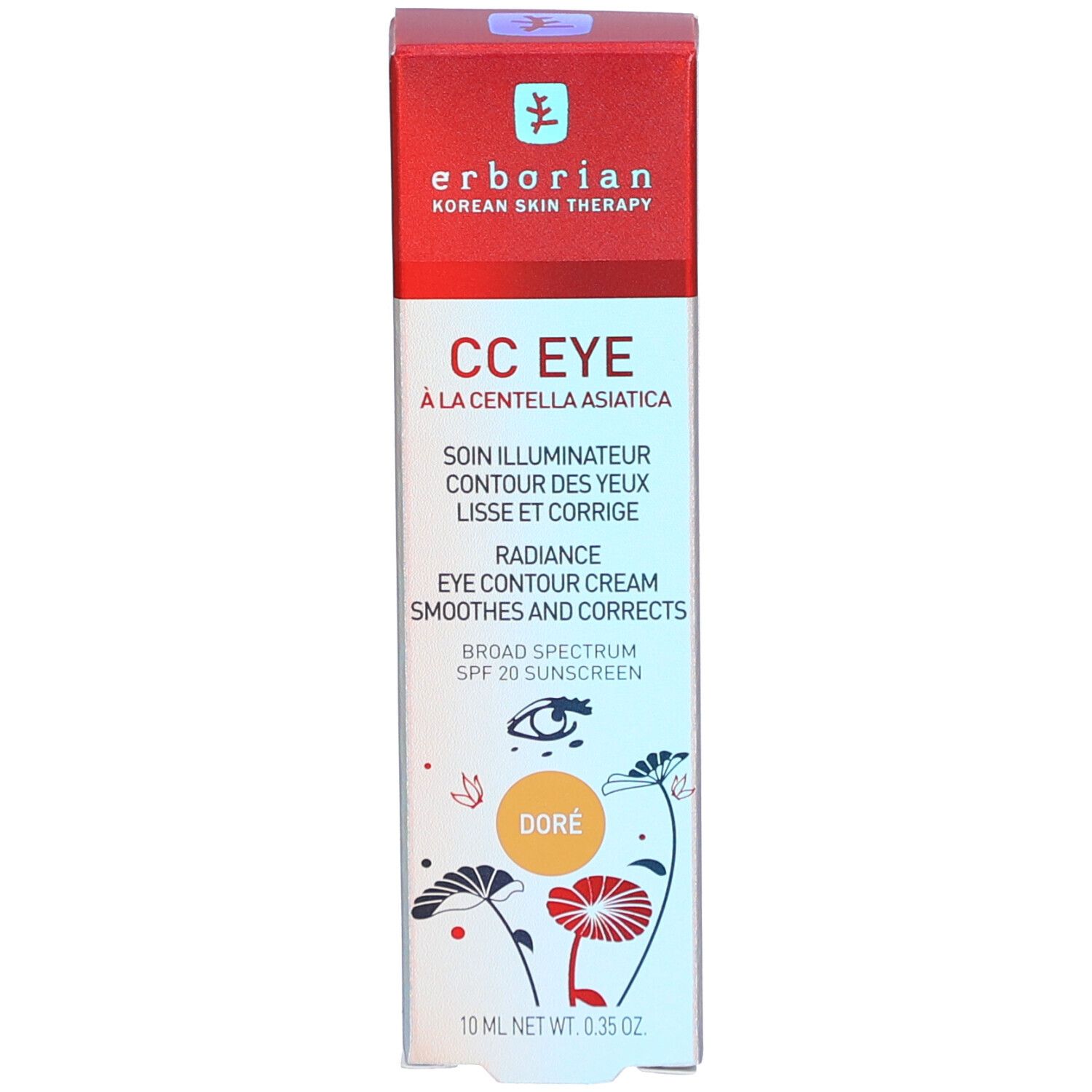 Emballage du produit. Inscription: CC EYE, Doré. Contient 10 ml. Marque: Erborian.