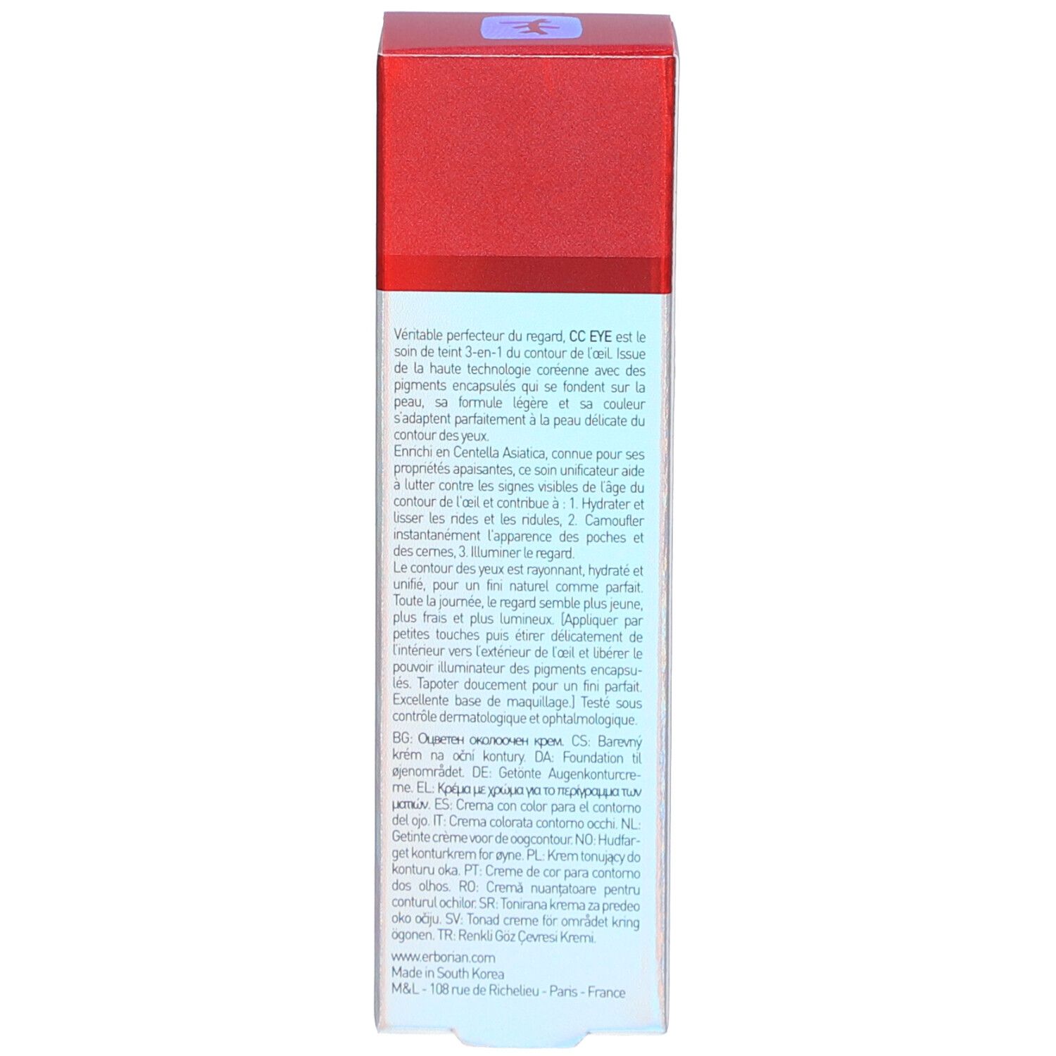 Dos de l'emballage du produit. Texte en plusieurs langues. Informations sur le produit.