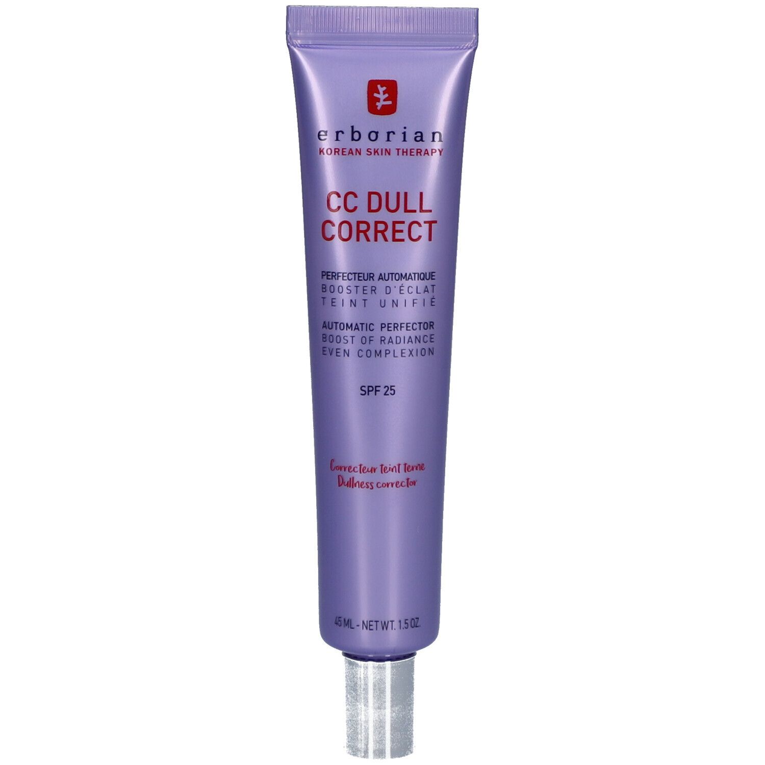 Tube violet avec nom du produit et SPF 25. Bouchon argenté. Texte en anglais et français.