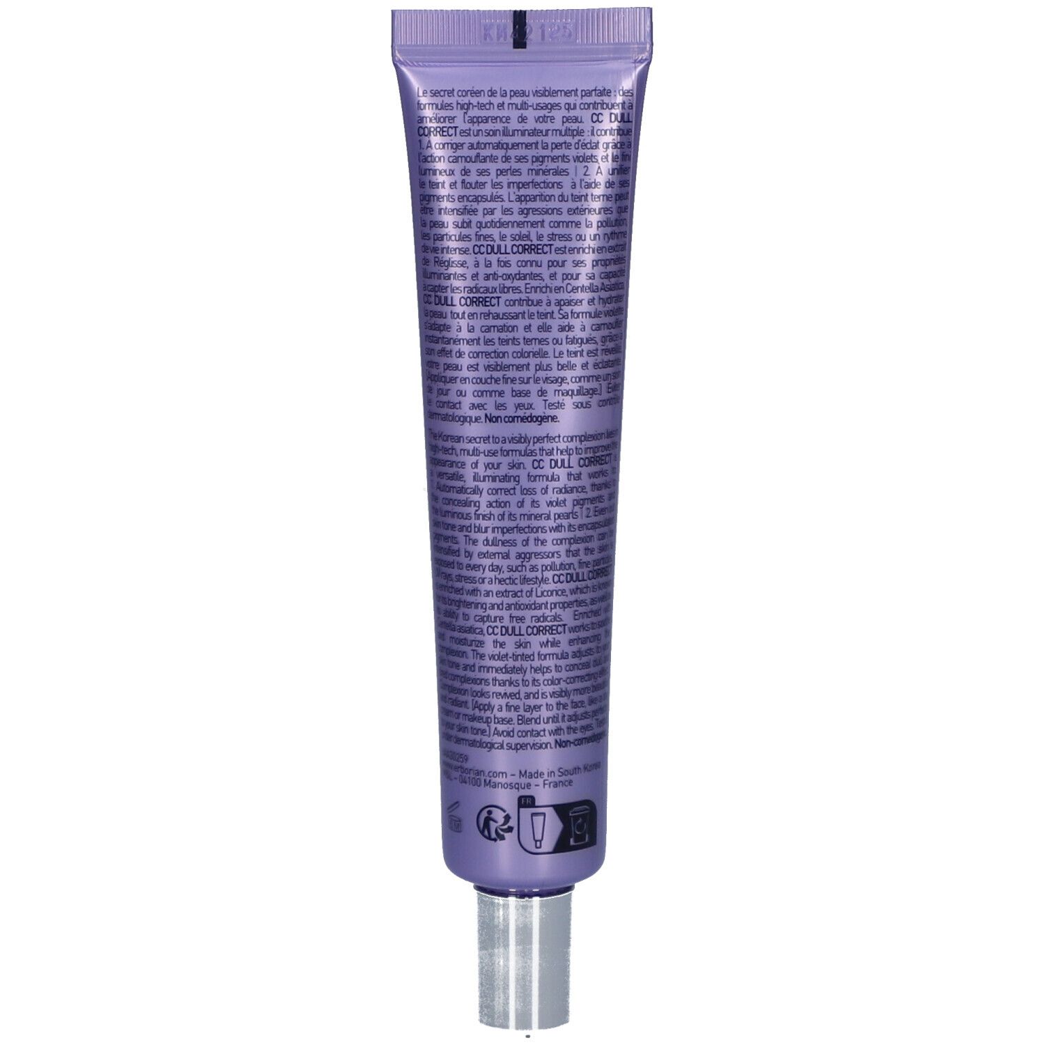 Dos du tube violet. Texte en plusieurs langues. Bouchon argenté.