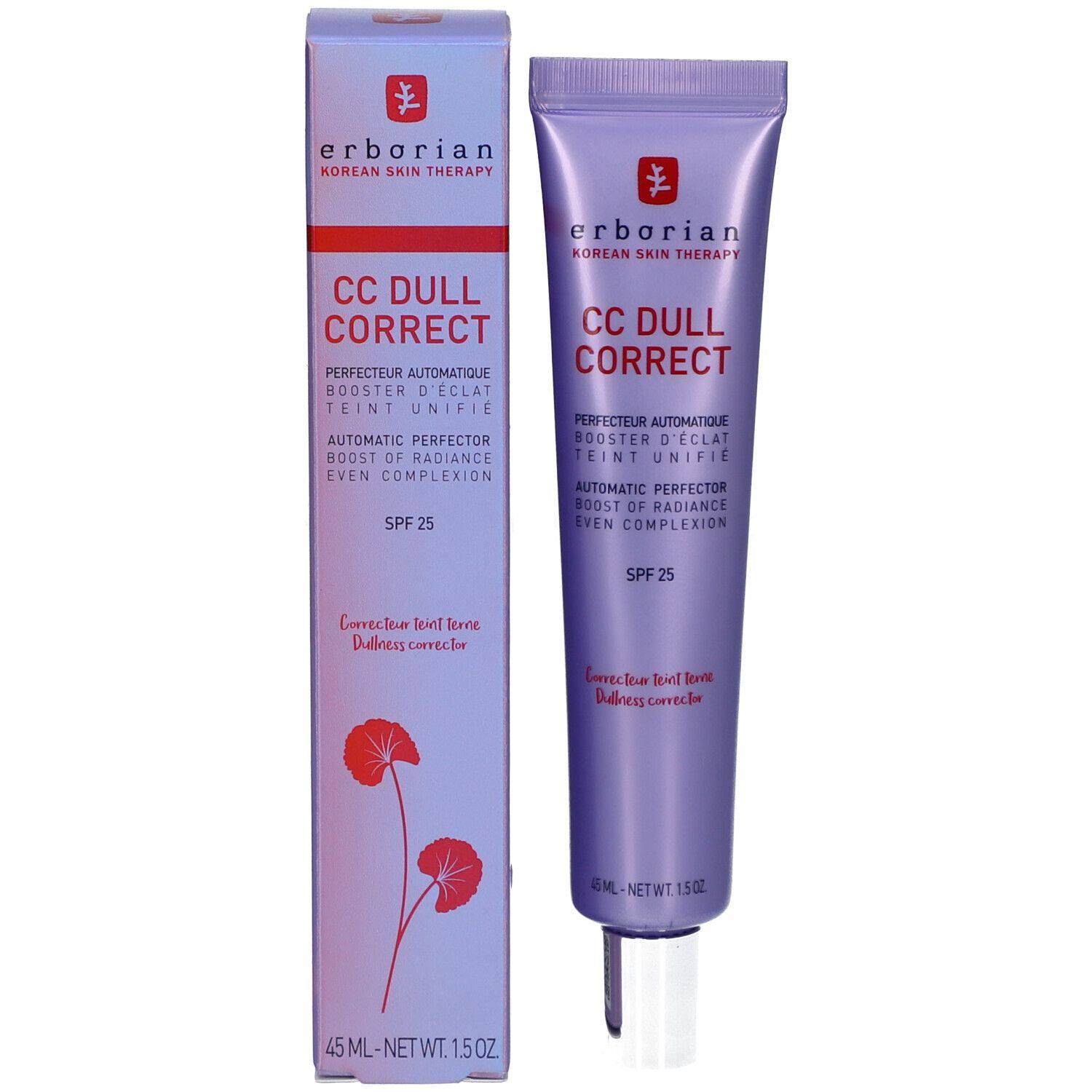 Produit et emballage. Tube et boîte violets. Nom du produit et SPF 25 visibles.