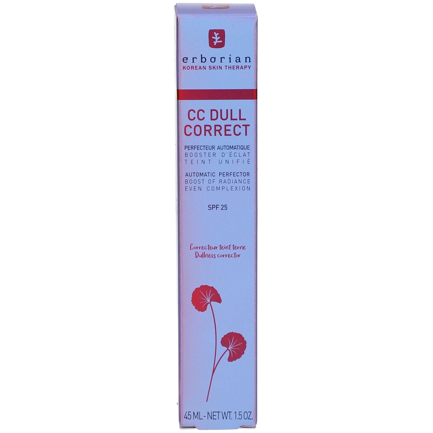 Boîte avec nom du produit et SPF 25. Design violet et blanc. Texte en anglais et français.