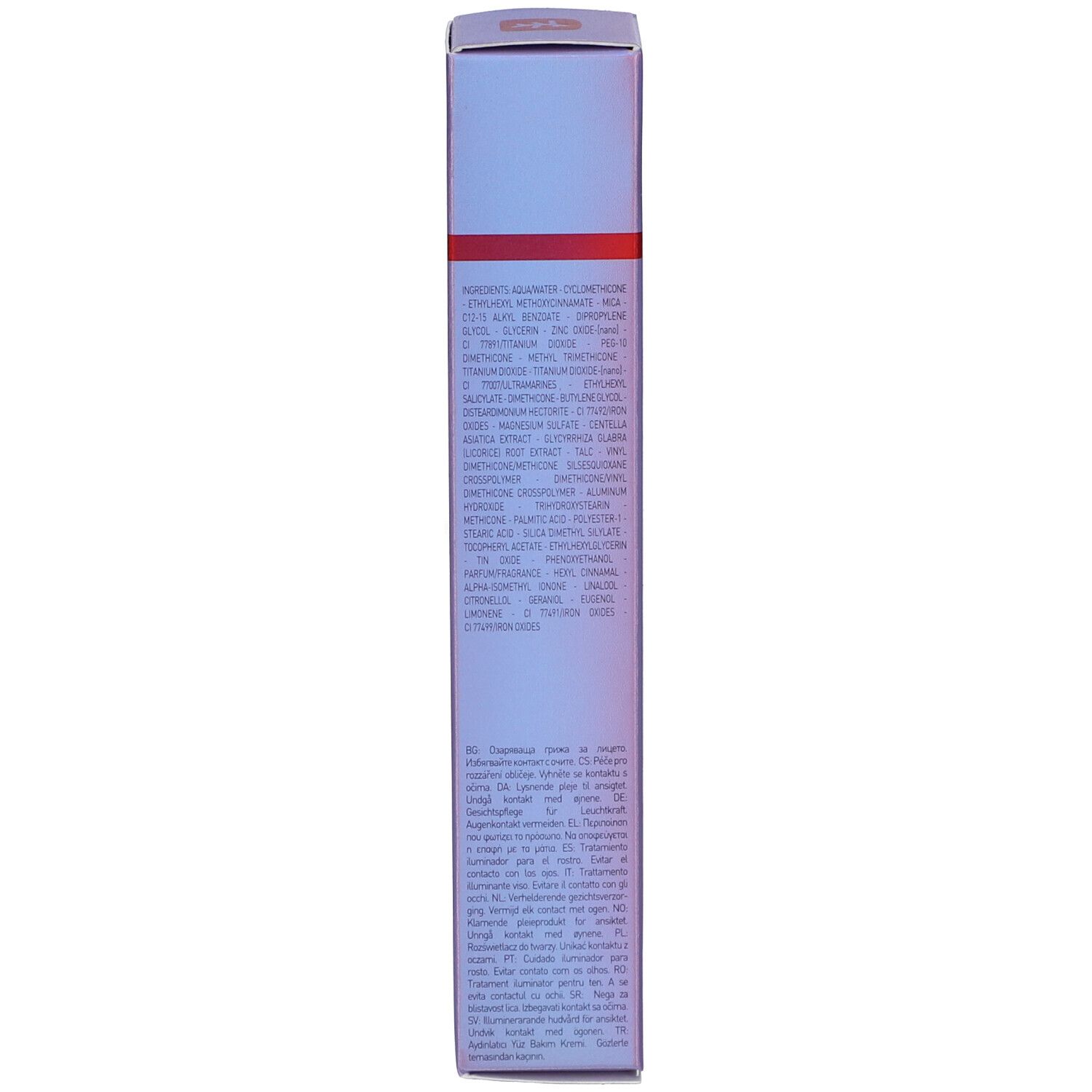 Dos de la boîte. Texte en plusieurs langues. Design violet et blanc.