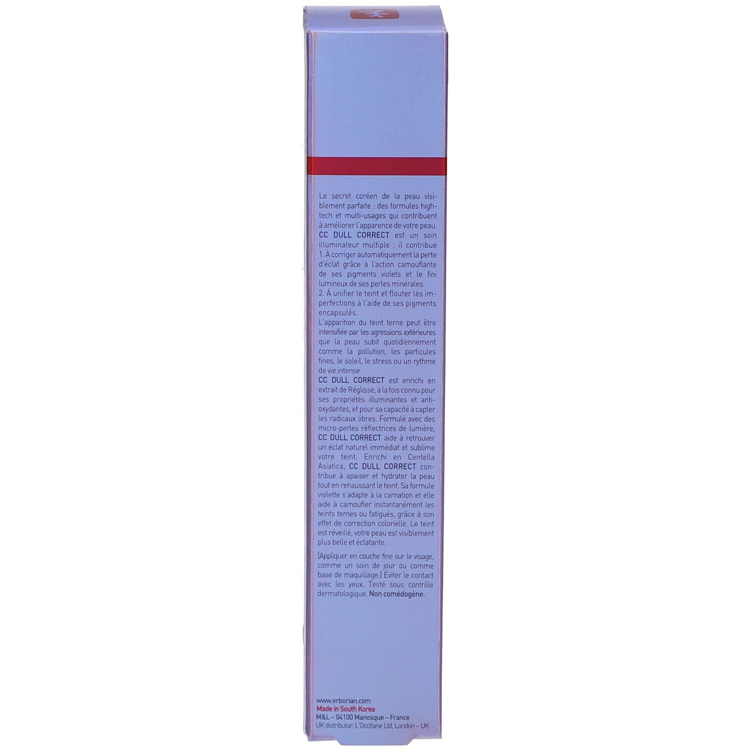 Dos de la boîte. Texte en plusieurs langues. Design violet et blanc.