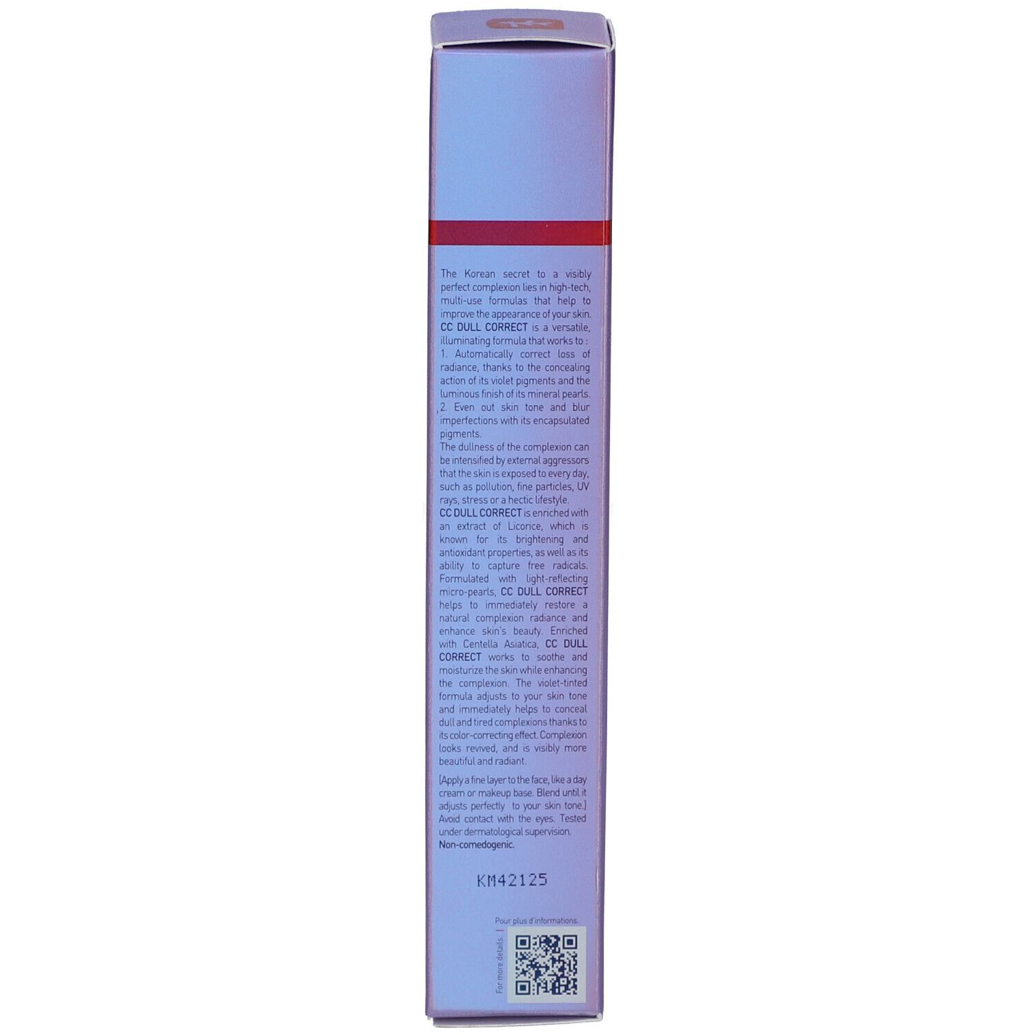 Dos de la boîte. Texte en plusieurs langues. Design violet et blanc.