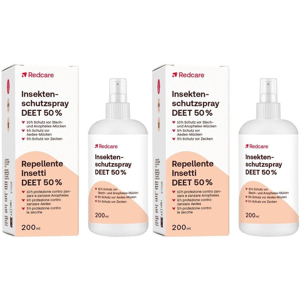 Redcare Insektenschutzspray DEET 50% avec flacon pulvérisateur et emballage. Texte: Repellente Insetti DEET 50%.
