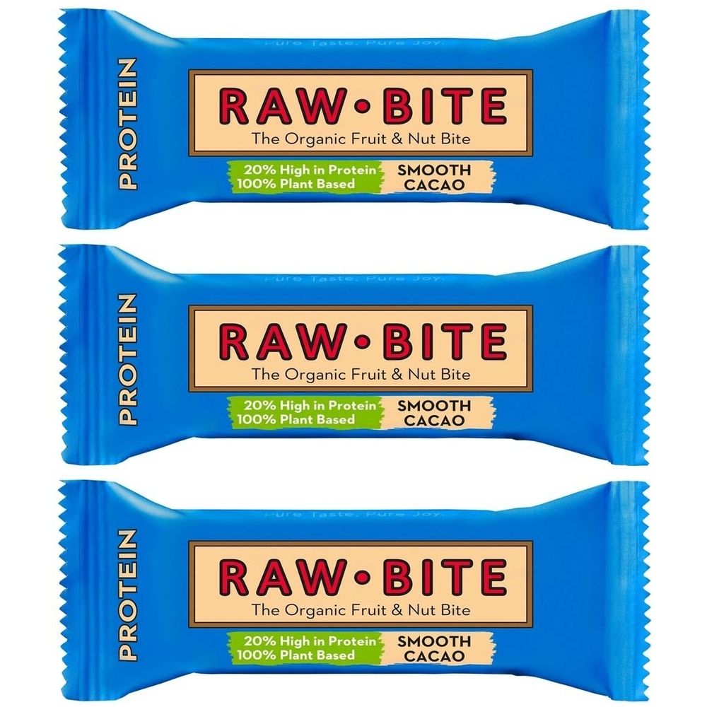 Trois barres bleues RAW BITE, 20% protéines, 100% végétal, saveur Smooth Cacao.