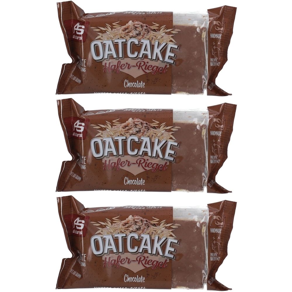 Trois barres emballées. L'emballage indique "OATCAKE Hafer-Riegel Chocolate". Le logo est "AS" dans une étoile.