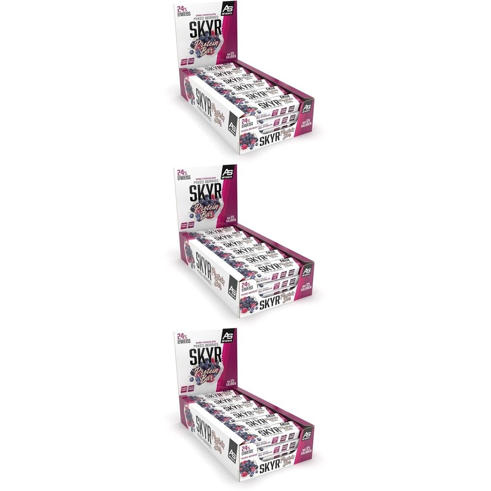 Trois présentoirs de SKYR Mixed Berries. Chaque présentoir affiche SKYR et Mixed Berries. L'emballage est blanc avec des accents violets.