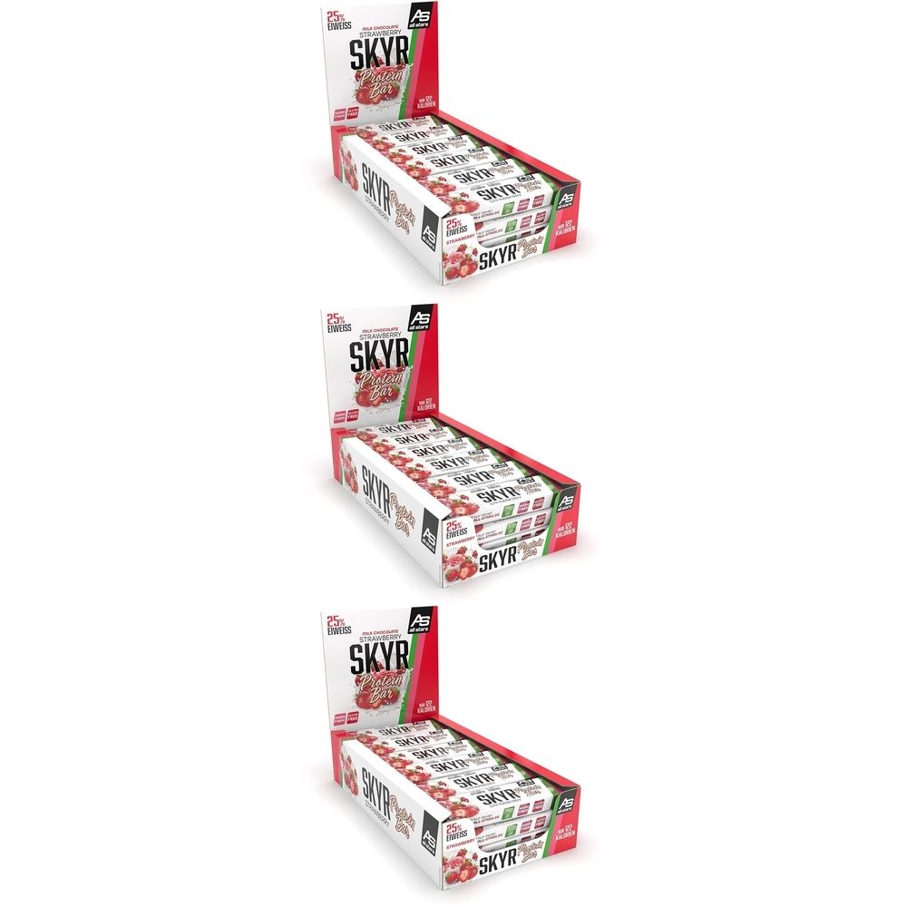 Plusieurs boîtes de barres SKYR. Inscription : SKYR, fraise. Emballage rouge et blanc. Présentoir avec logo du produit.