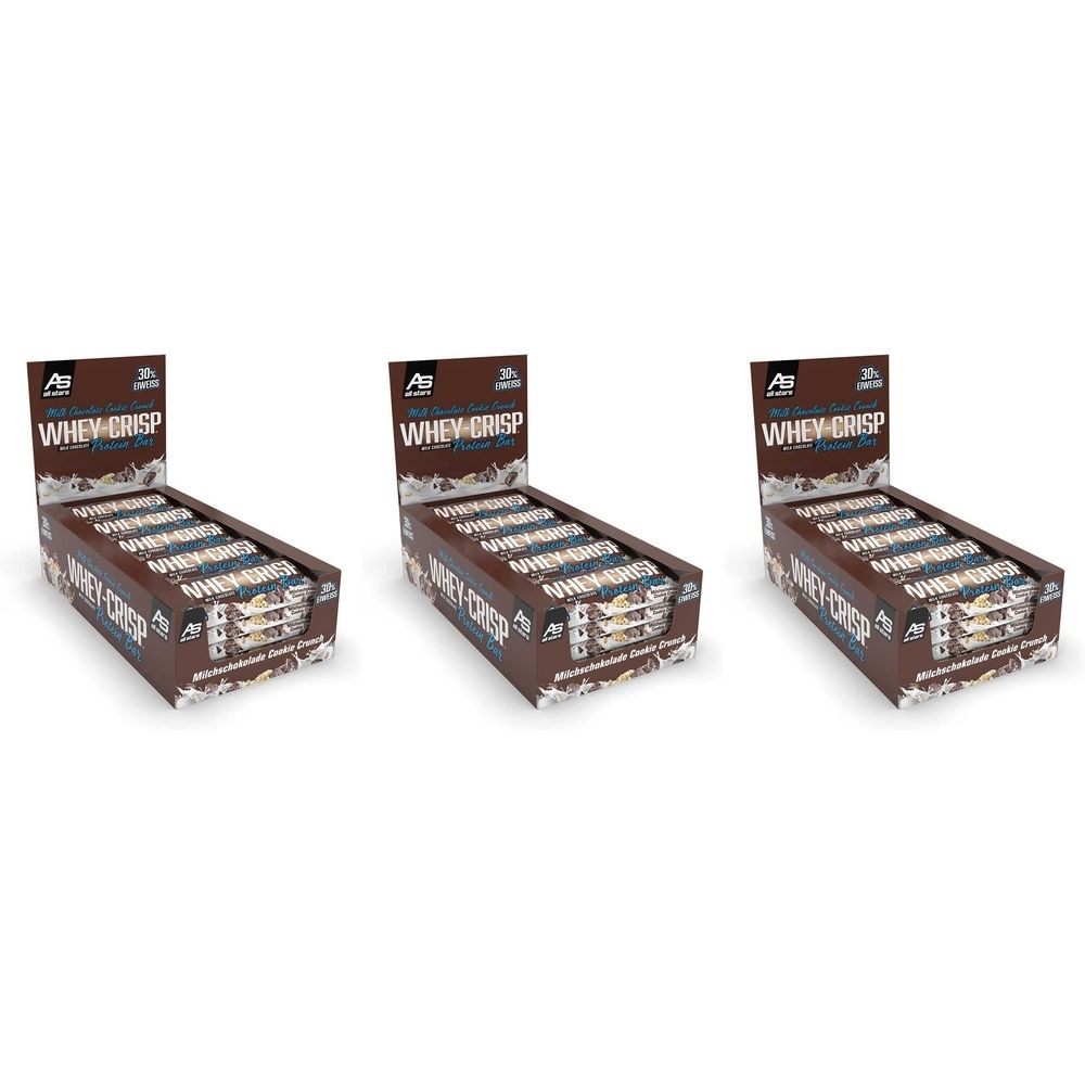 Trois présentoirs de barres protéinées All Stars® WHEY-CRISP. Emballage marron avec texte WHEY-CRISP. Présentoir avec logo.