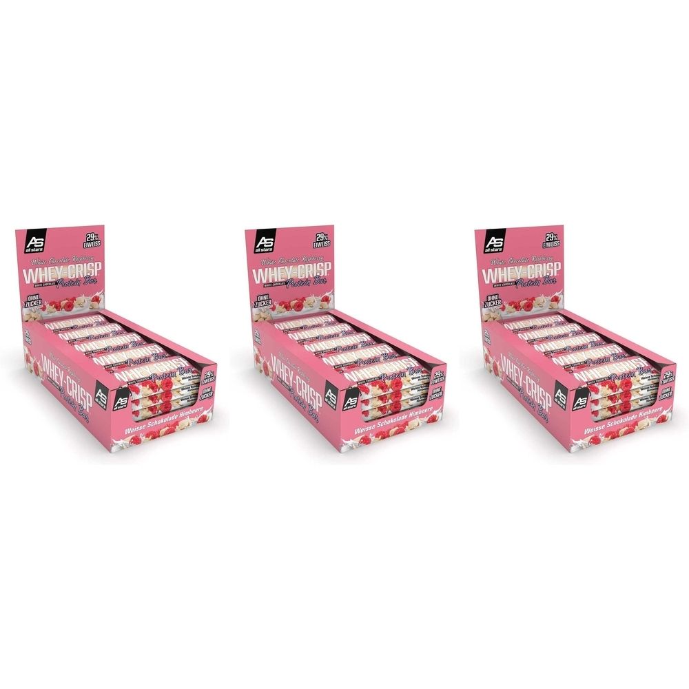 Trois présentoirs de barres protéinées. Emballage rose avec nom et logo du produit. Barres disposées en rangées.