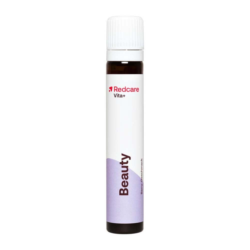 Une ampoule avec bouchon blanc. Inscription: Redcare Vita+ Beauty.