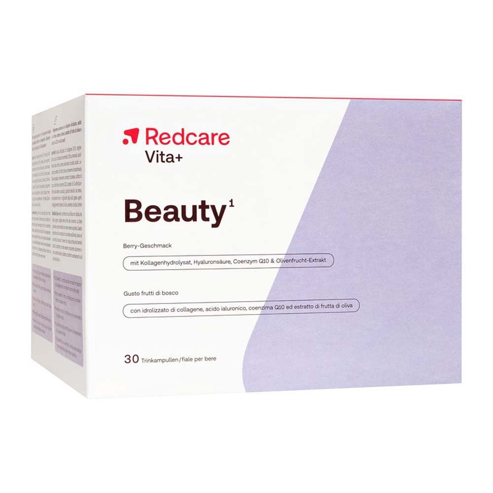 Boîte Redcare Vita+ Beauty. Inscription Beauty, 30 ampoules buvables. Avec collagène, hyaluron, Q10.