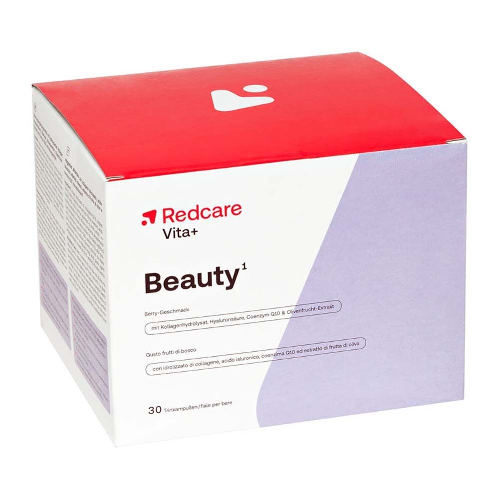 Boîte Redcare Vita+ Beauty. Dessus rouge. Inscription Beauty, 30 ampoules buvables. Avec collagène, hyaluron.
