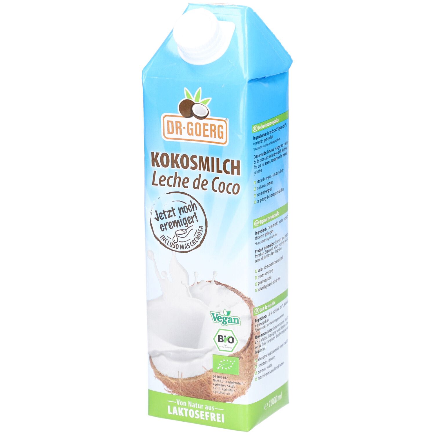 Brique de lait de coco bleue et blanche. Inscription : DR. GOERG Kokosmilch, Leche de Coco. Végétalien, label bio. Sans lactose.