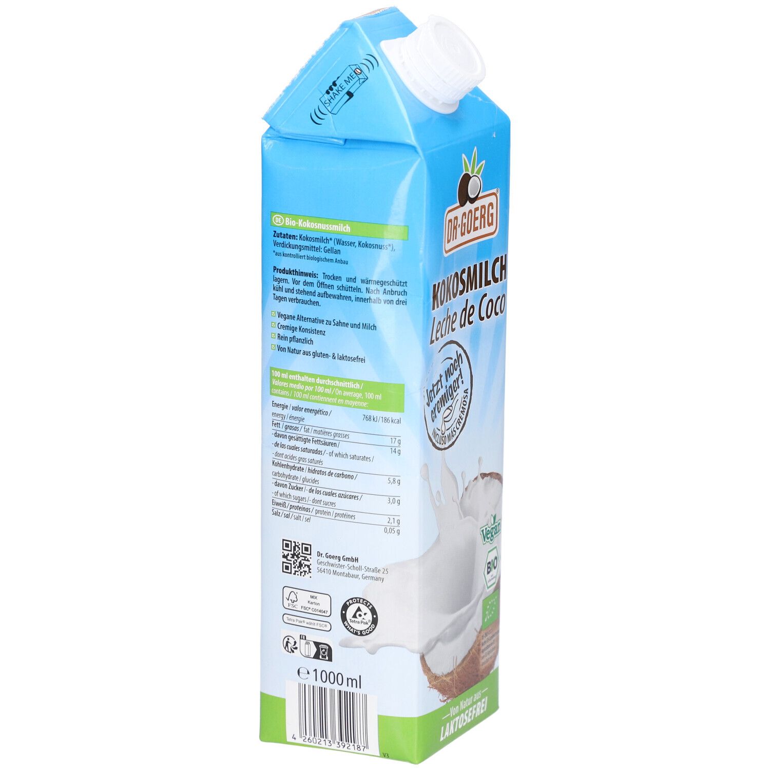 Dos de l'emballage de lait de coco. Informations sur les ingrédients, la valeur nutritionnelle, code QR. Labels végétaliens et biologiques. 1000 ml.