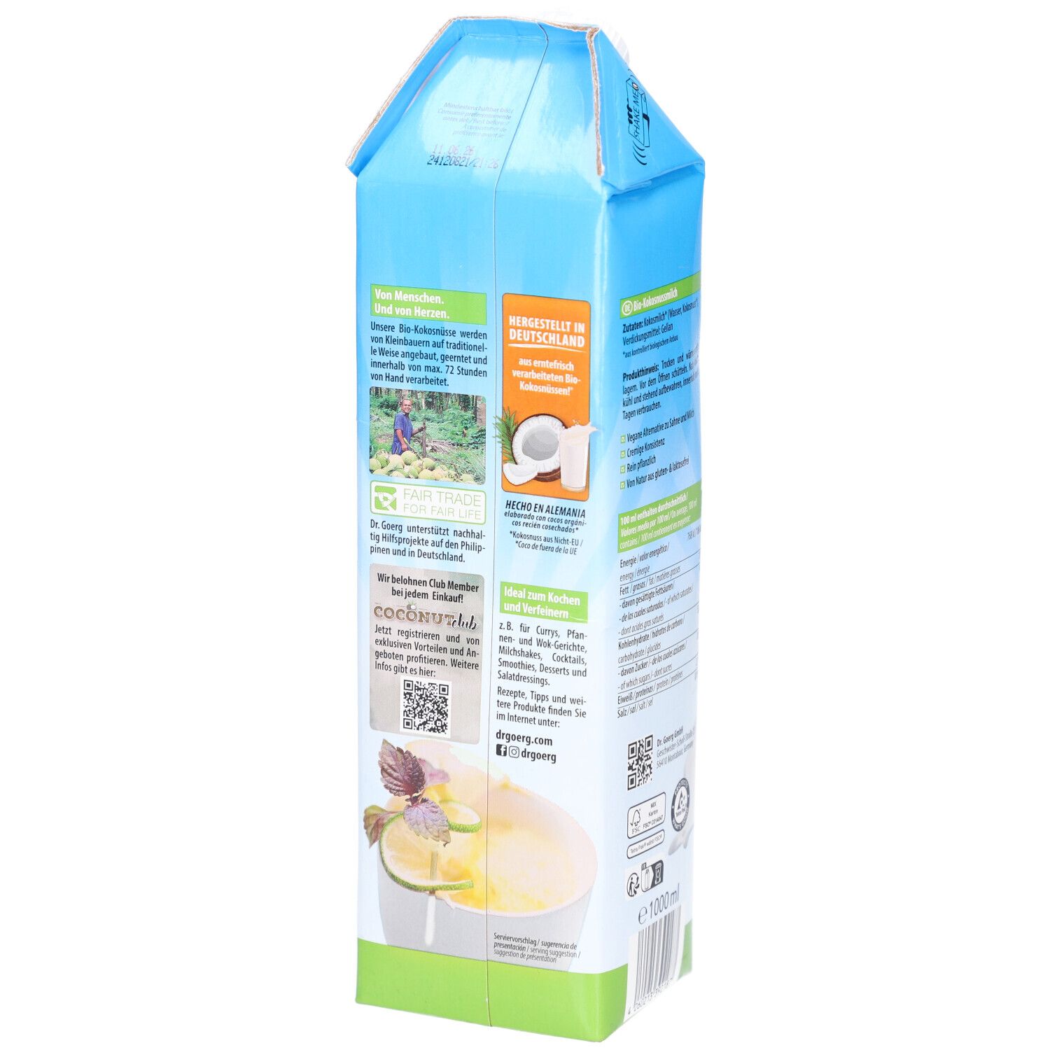 Dos de l'emballage de lait de coco. Informations sur la fabrication, les ingrédients, code QR. Label bio. 1000 ml.