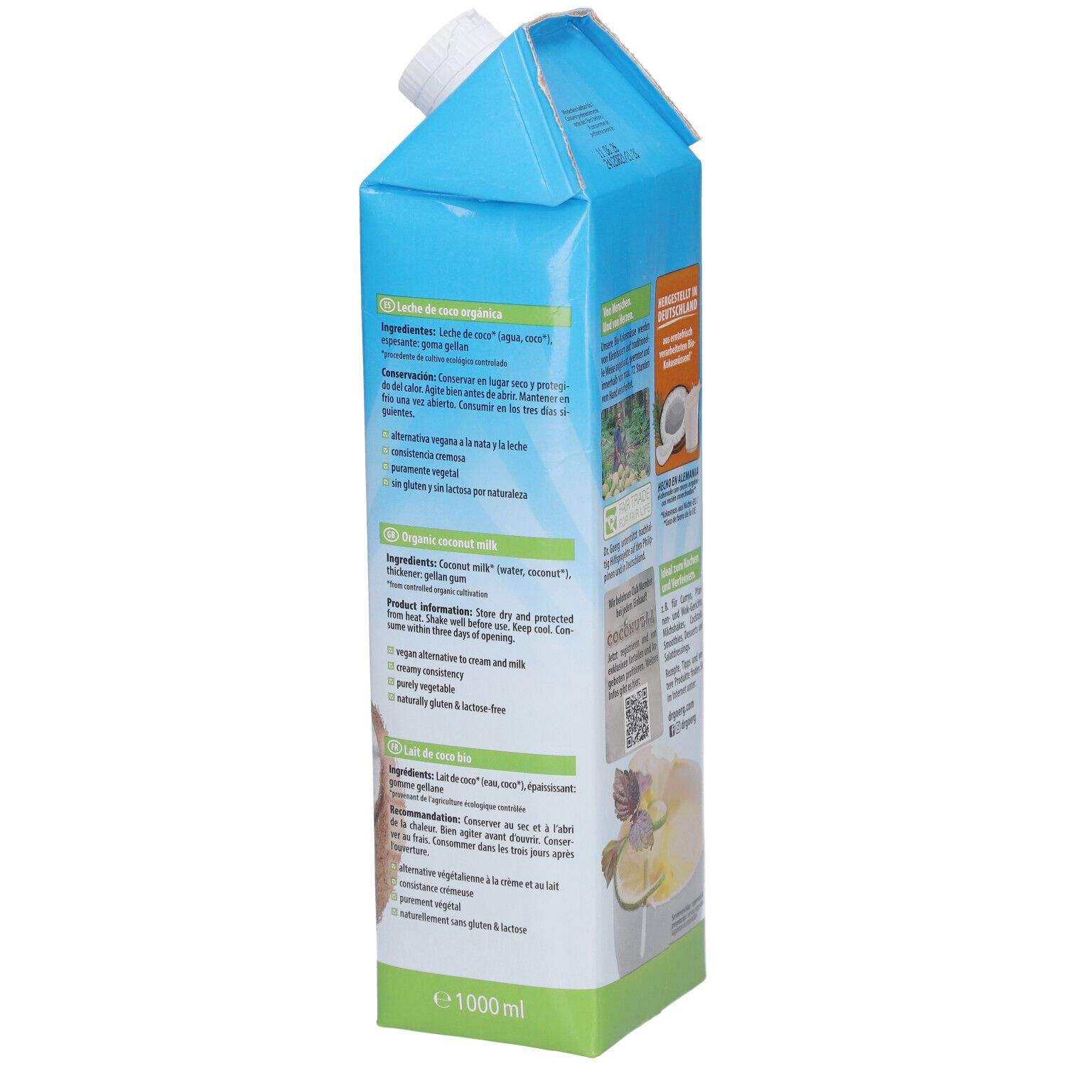 Dos de l'emballage de lait de coco. Informations sur les ingrédients, la valeur nutritionnelle, code QR. Labels végétaliens et biologiques. 1000 ml.