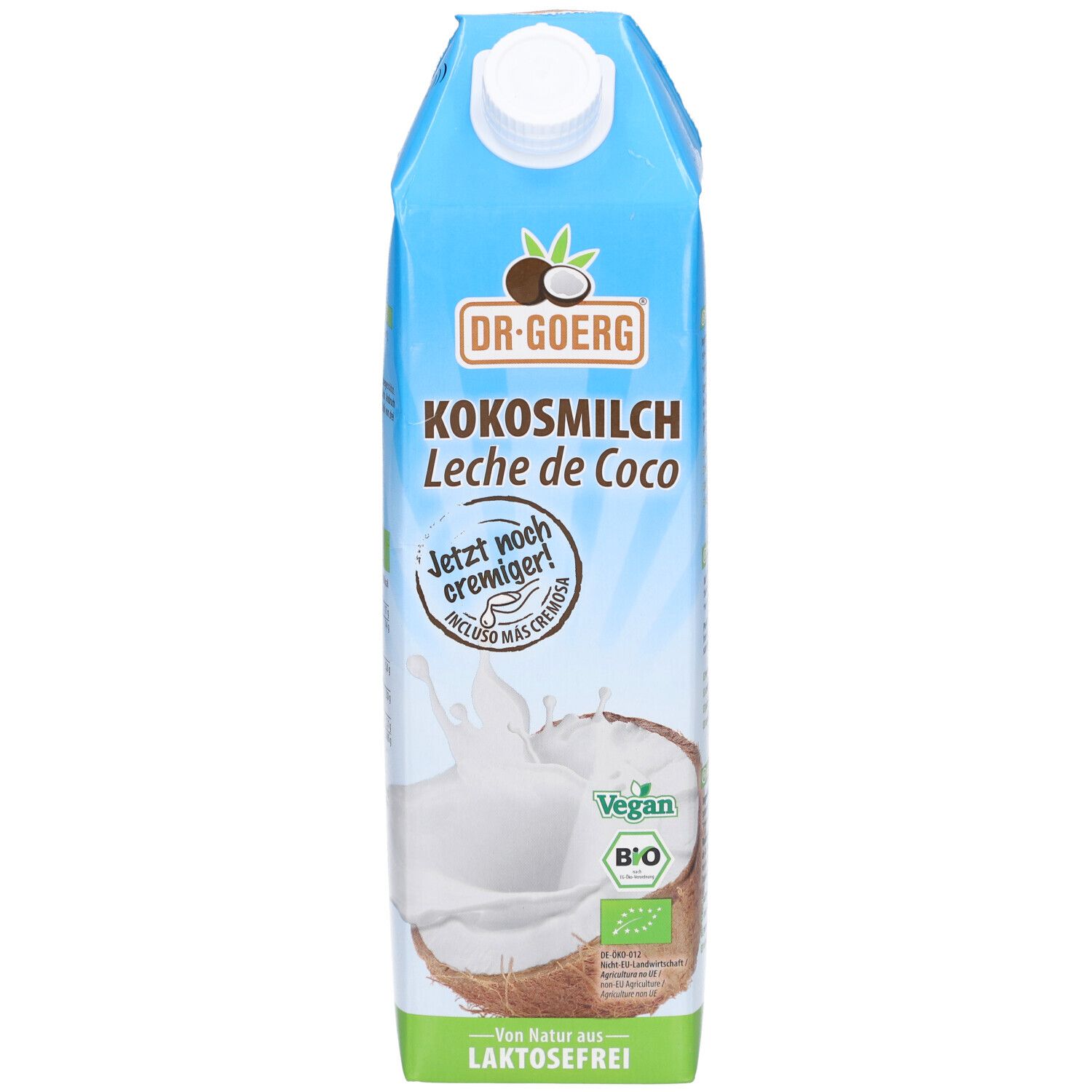 Brique de lait de coco bleue et blanche. Inscription : DR. GOERG Kokosmilch, Leche de Coco. Végétalien, label bio. Sans lactose.