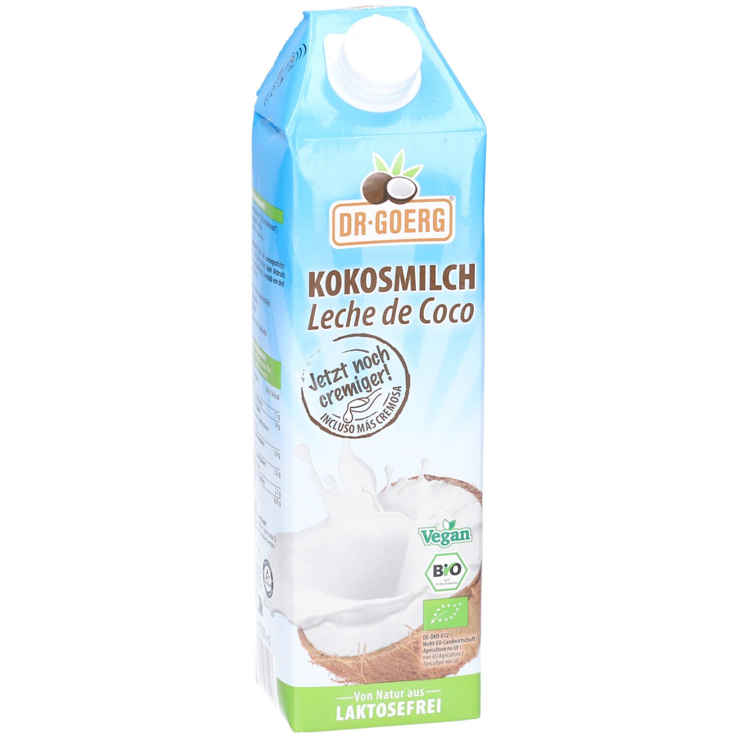 Brique de lait de coco bleue et blanche. Inscription : DR. GOERG Kokosmilch, Leche de Coco. Végétalien, label bio. Sans lactose.