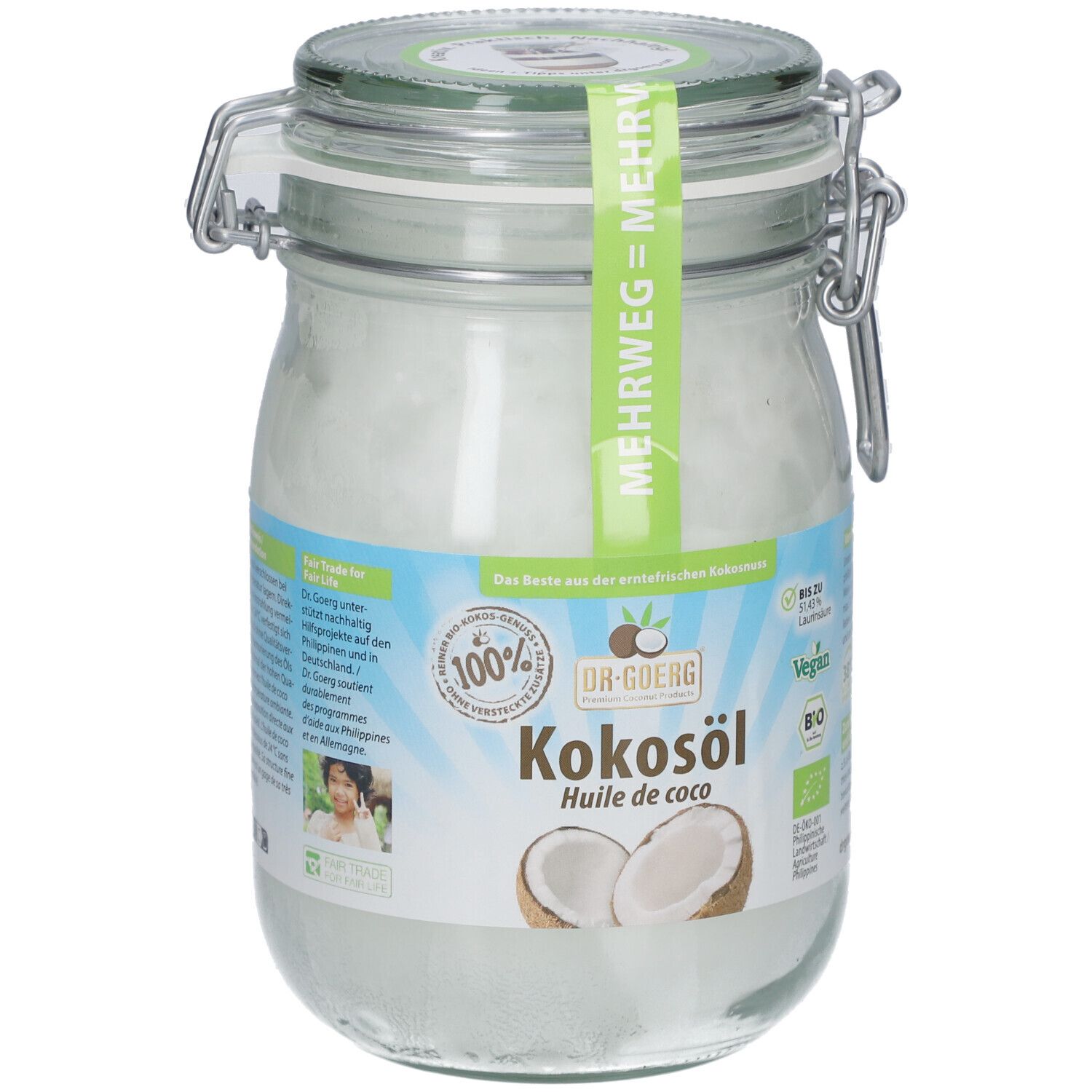 Bocal de verre avec huile de coco, étiquette verte. Couvercle avec fermeture métallique. Inscription : Kokosöl, Bio, Vegan.