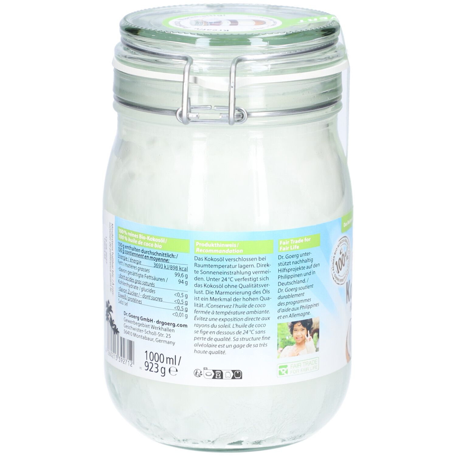 Dos du bocal d'huile de coco. Étiquette avec informations nutritionnelles et texte. Fermeture métallique. Inscription : 1000ml/923g.