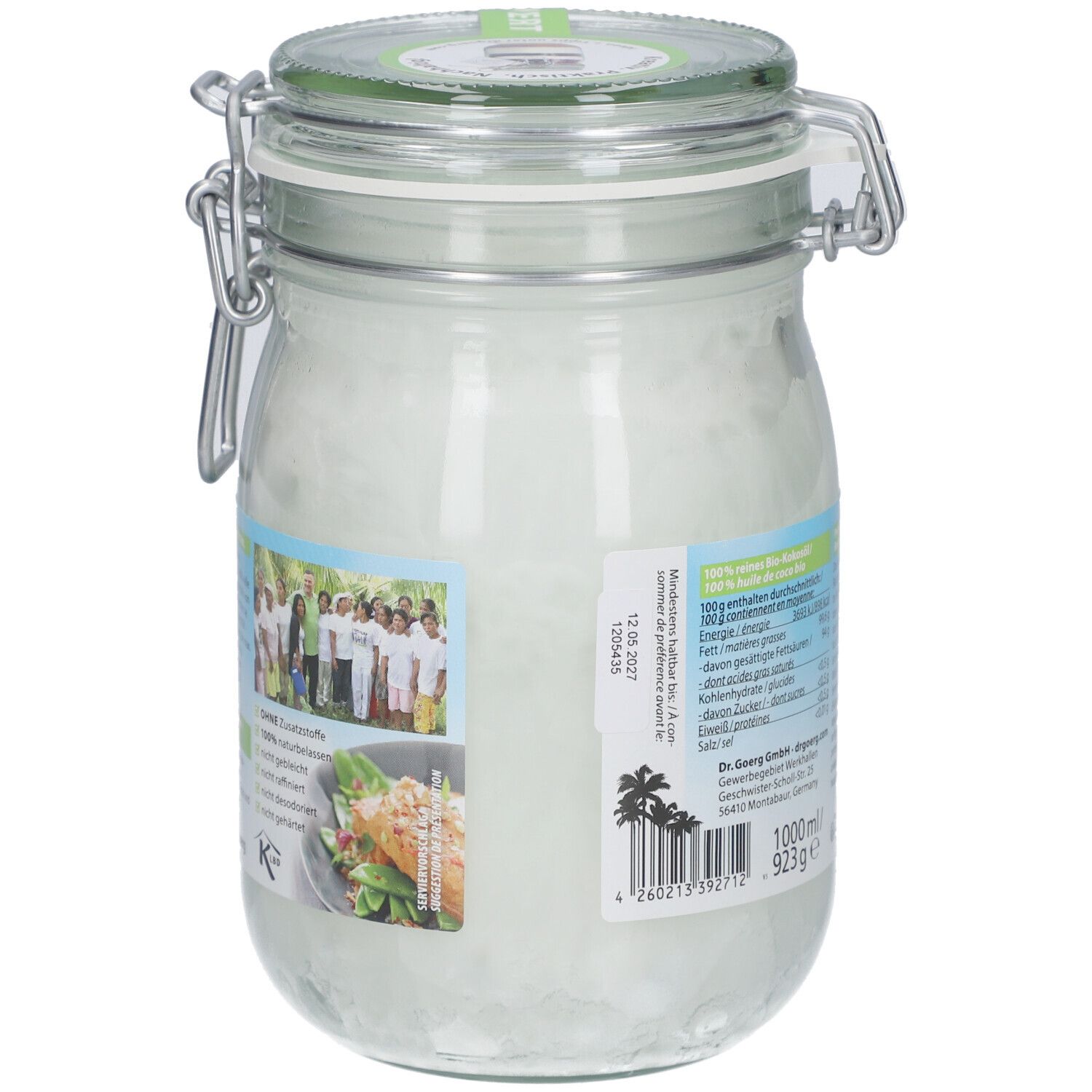 Bocal d'huile de coco, dos avec étiquette. Fermeture métallique. Inscription : 1000ml/923g. Code-barres.