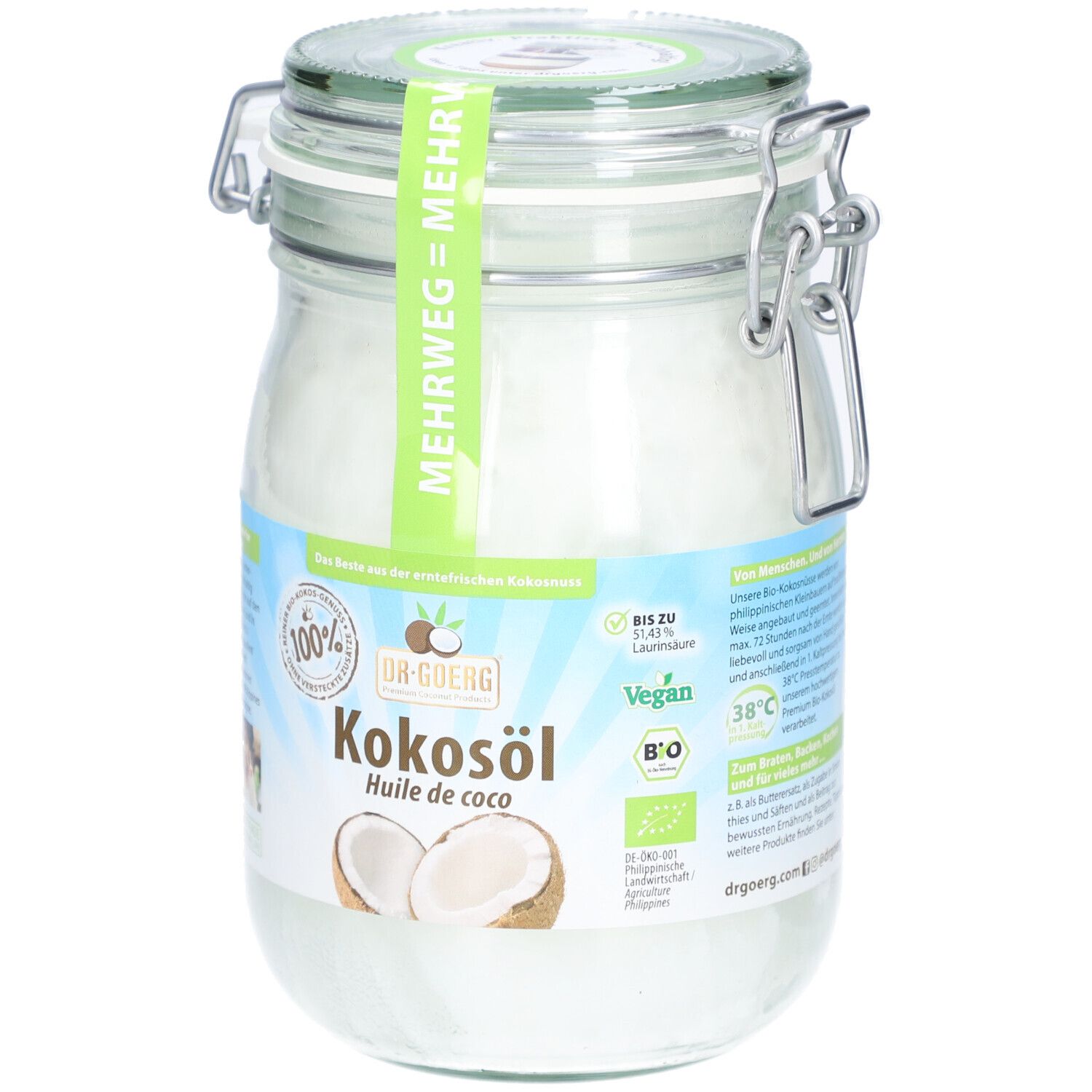 Bocal d'huile de coco, étiquette avec texte et logo. Fermeture métallique. Inscription : Kokosöl, Bio, Vegan, 38°C.
