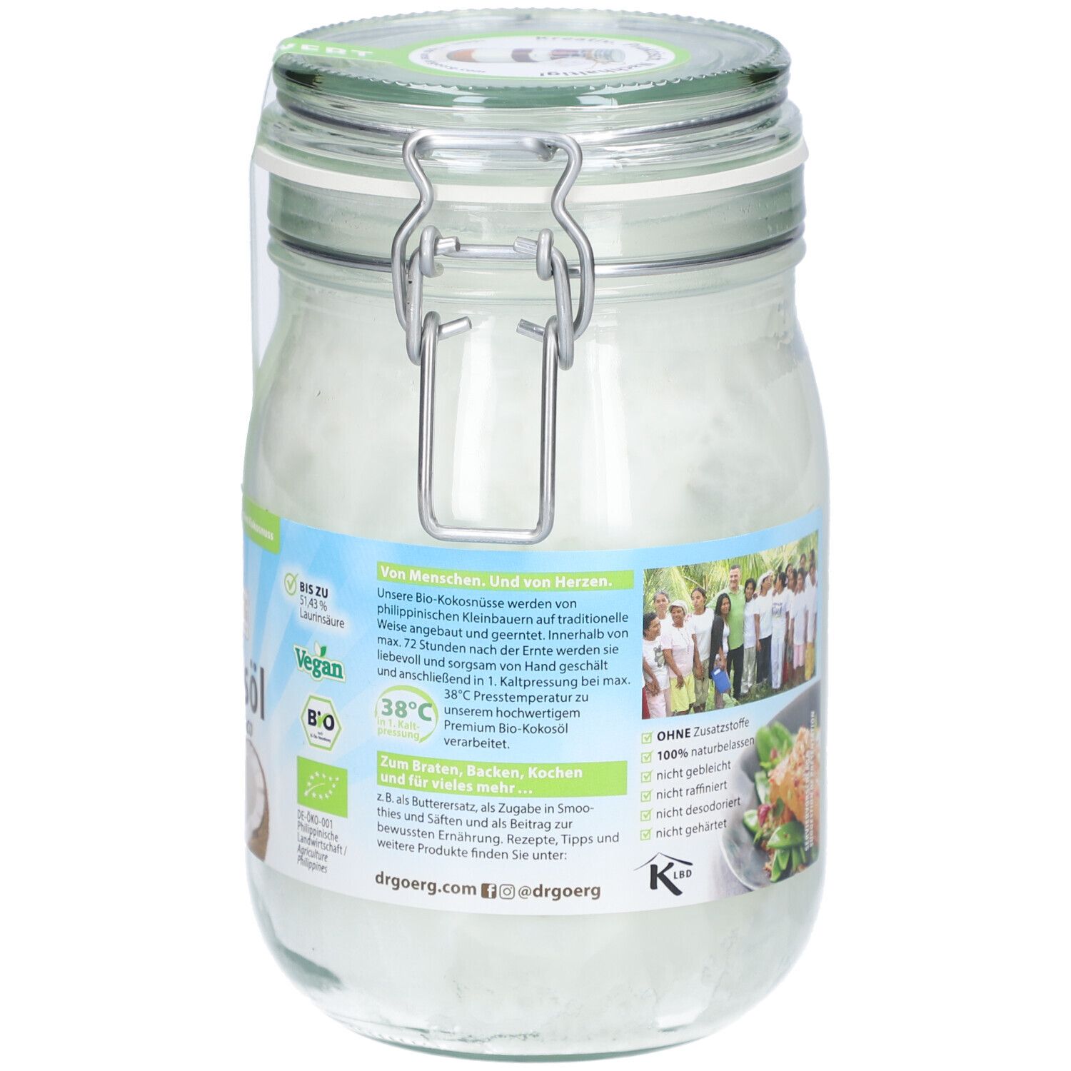 Bocal d'huile de coco, étiquette avec texte et logo. Fermeture métallique. Inscription : Kokosöl, Bio, Vegan, 38°C.