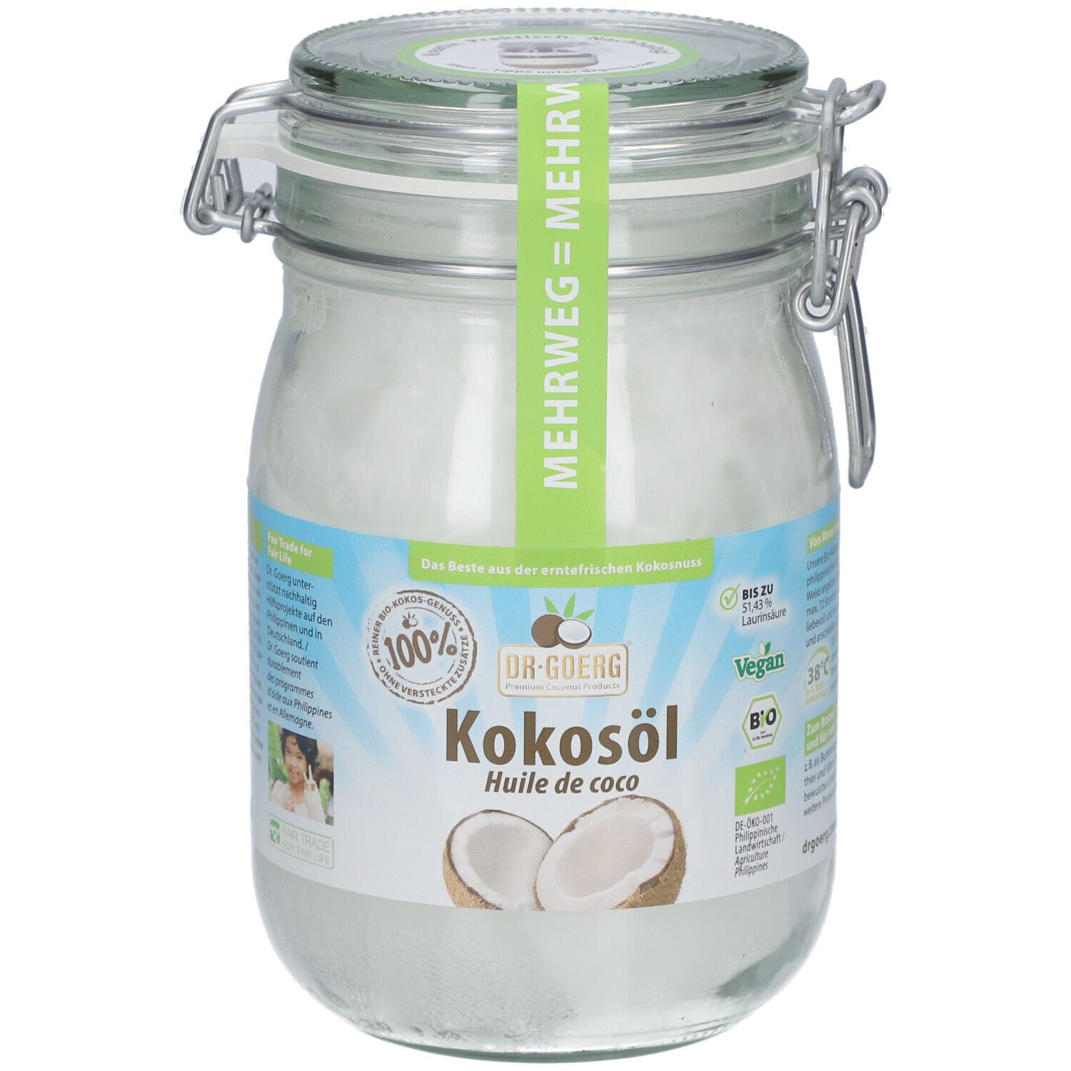 Bocal de verre avec huile de coco, étiquette verte. Couvercle avec fermeture métallique. Inscription : Kokosöl, Bio, Vegan.
