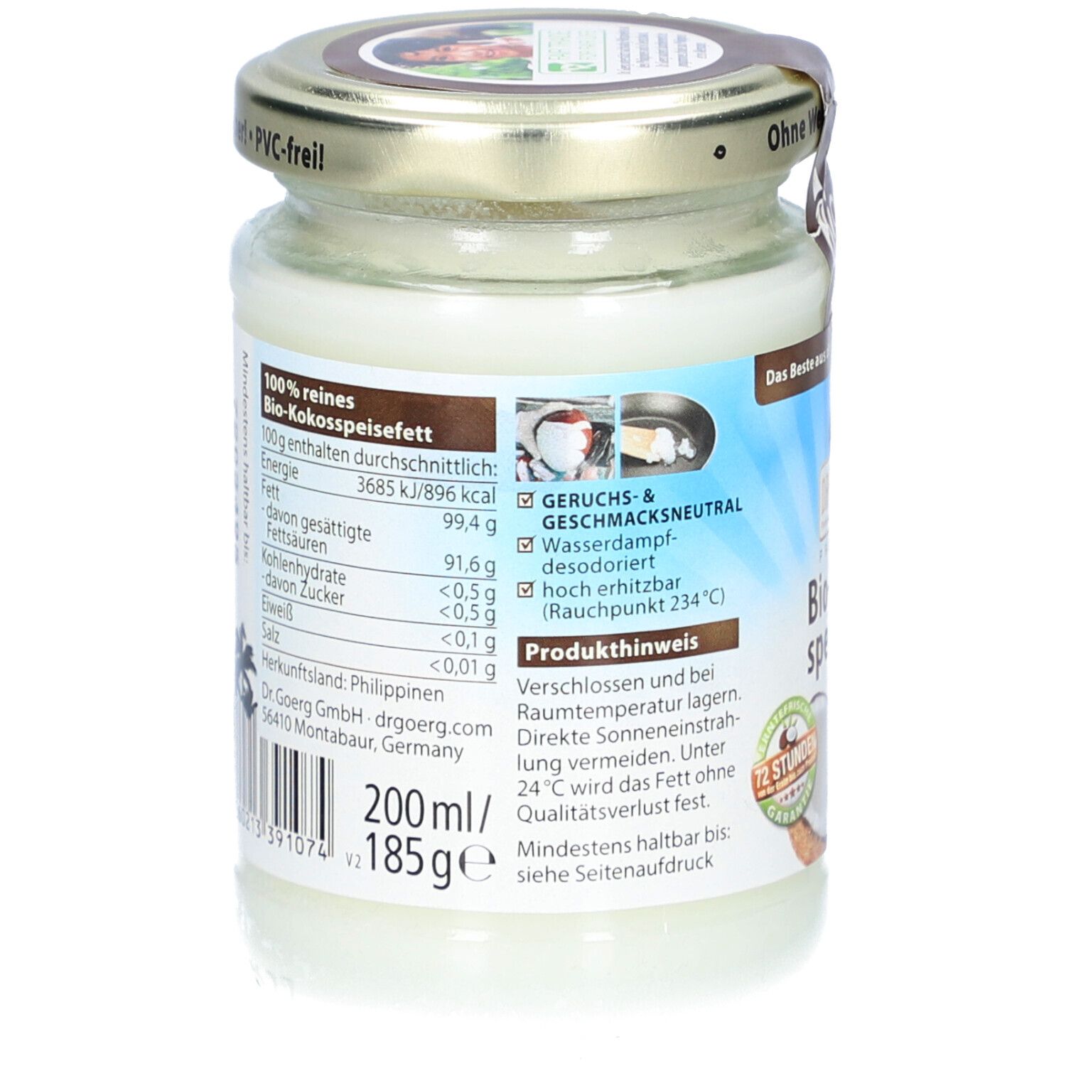 Dos du pot avec informations nutritionnelles et 'Neutre en goût et odeur'. '200ml/185g'. Pays d'origine : Philippines. Date limite.