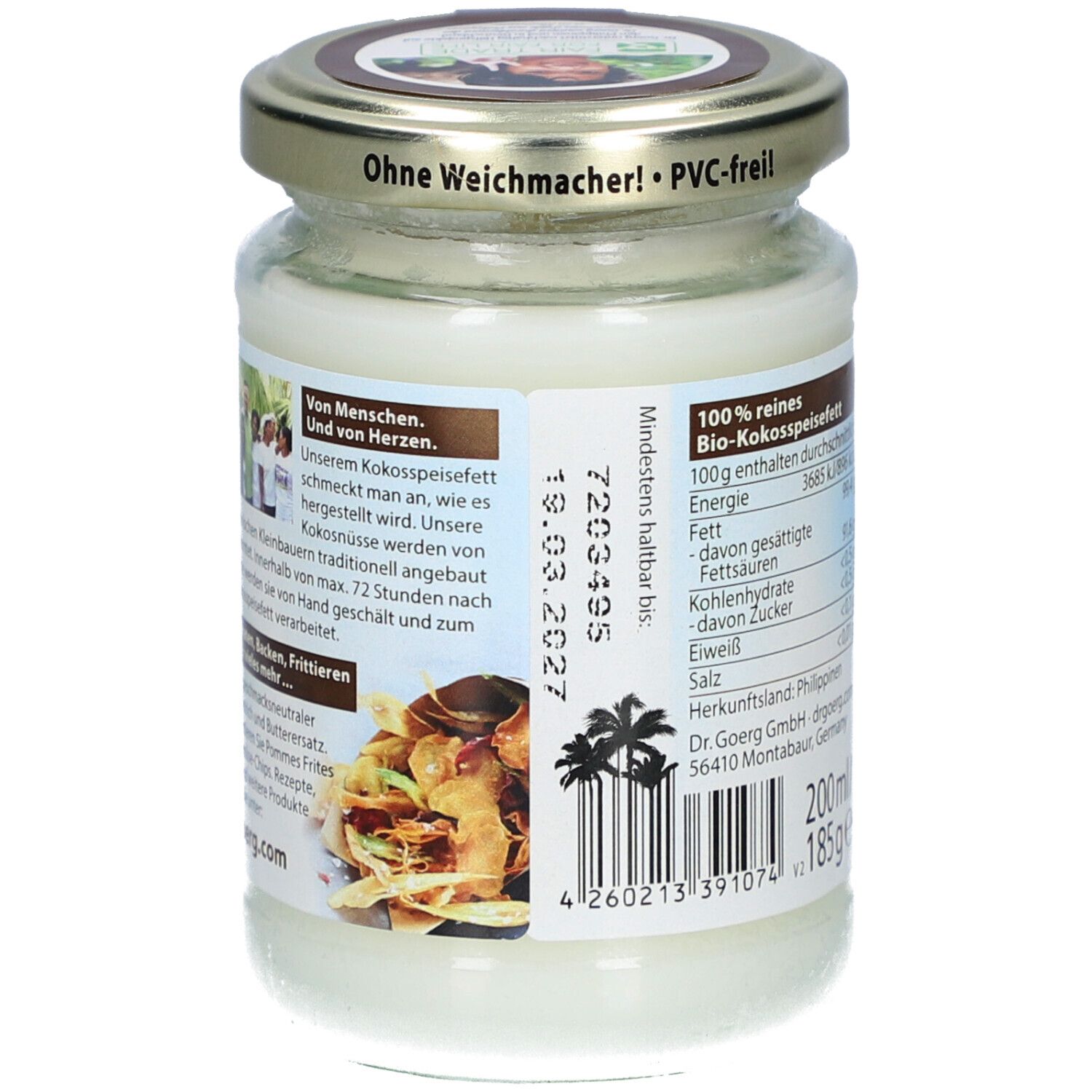 Dos du pot avec texte sur la fabrication et code-barres. Date limite. '200ml/185g'. Pays d'origine : Philippines.