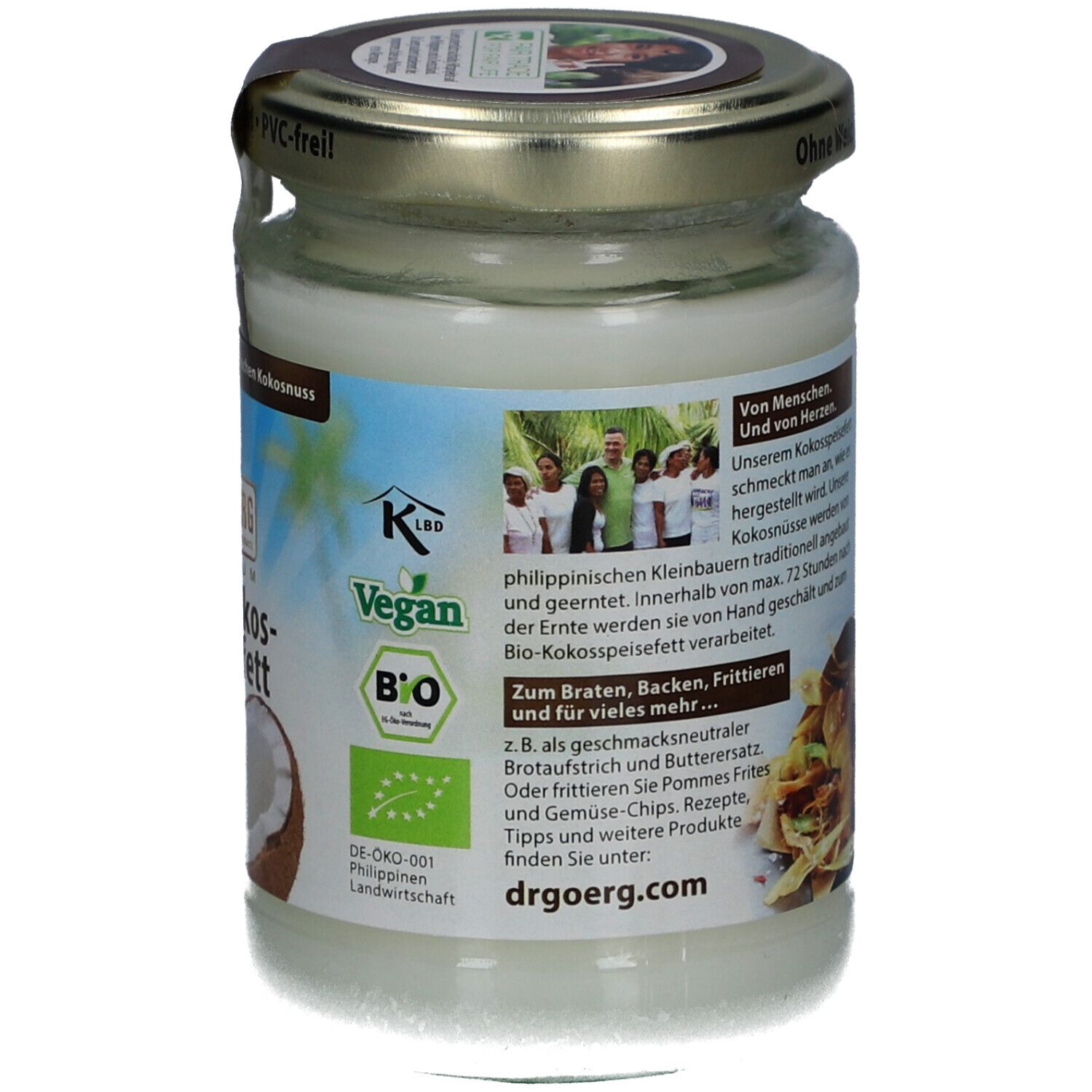 Dos du pot avec texte sur la fabrication, 'Vegan' et label bio. '200ml/185g'. drgoerg.com.