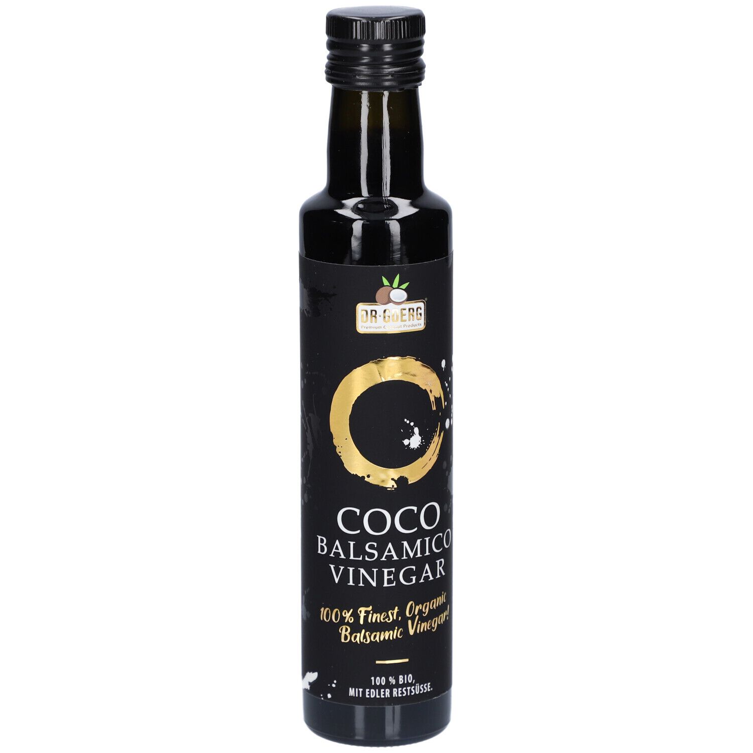 Bouteille en verre foncé avec étiquette noire. Inscription : Coco Balsamico Vinegar. Cercle doré.