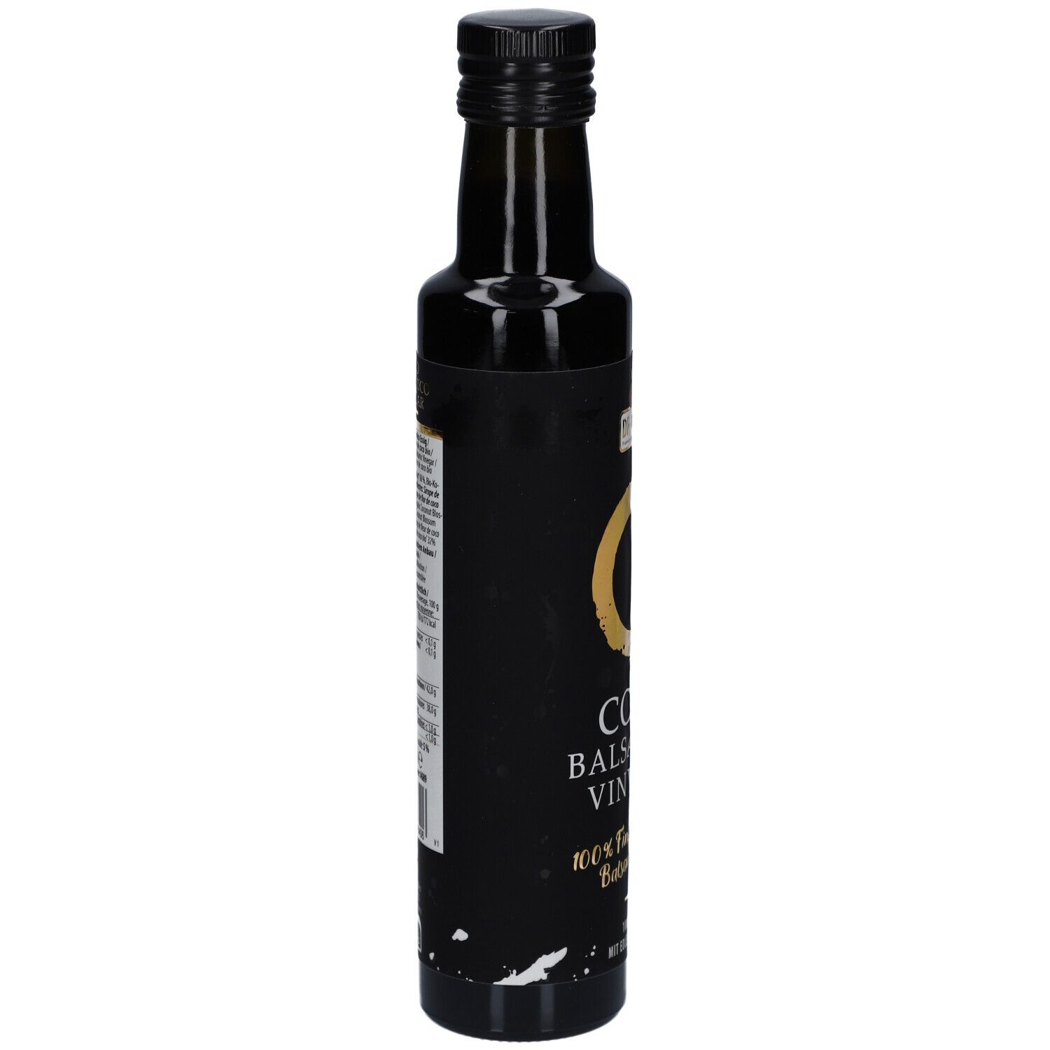 Bouteille en verre foncé avec étiquette noire. Texte et informations sur l'étiquette.
