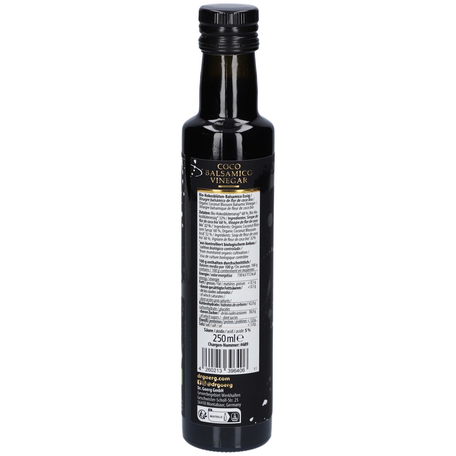 Dos de la bouteille en verre foncé. Étiquette avec texte et informations. 250ml.