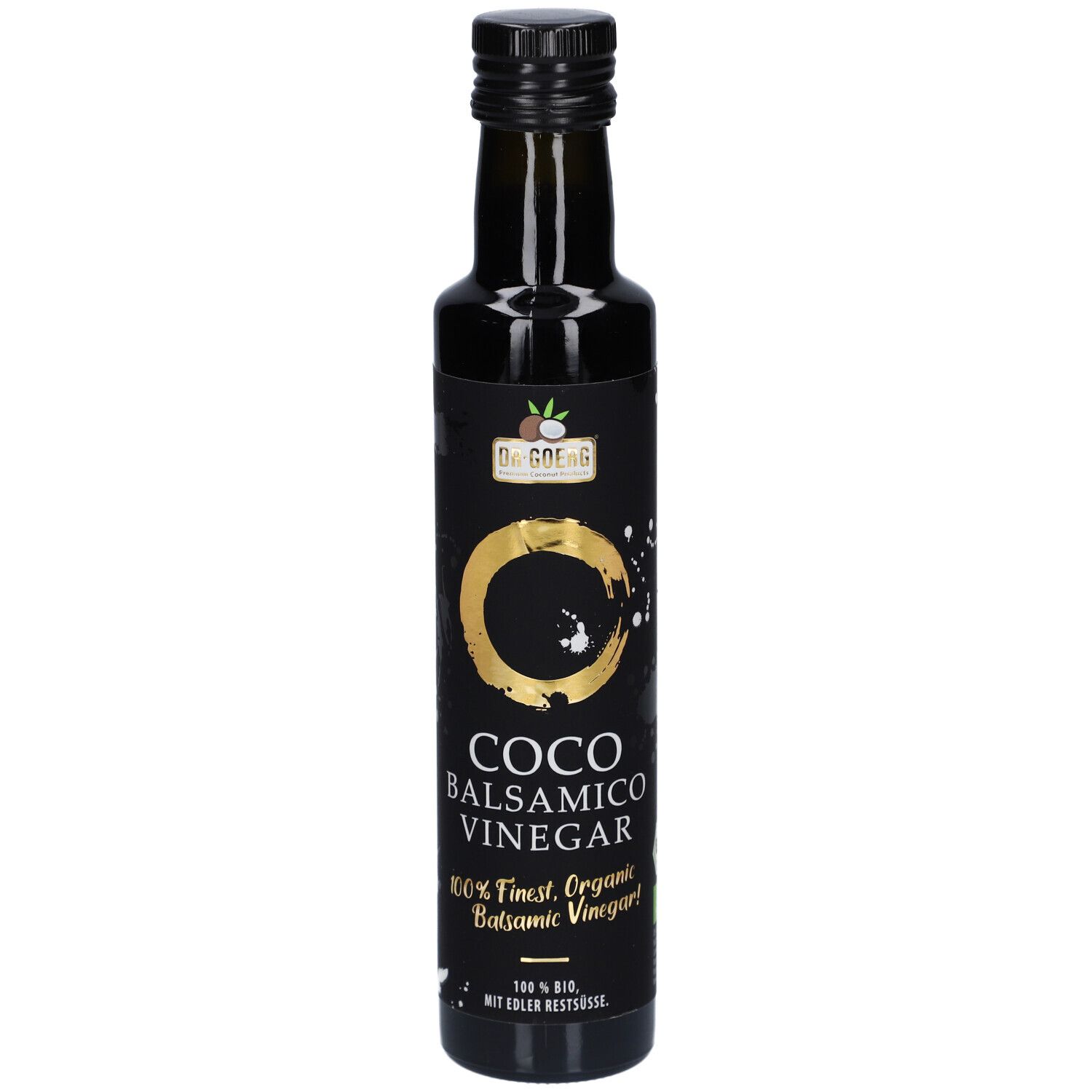 Bouteille en verre foncé avec étiquette noire. Inscription : Coco Balsamico Vinegar. Cercle doré.