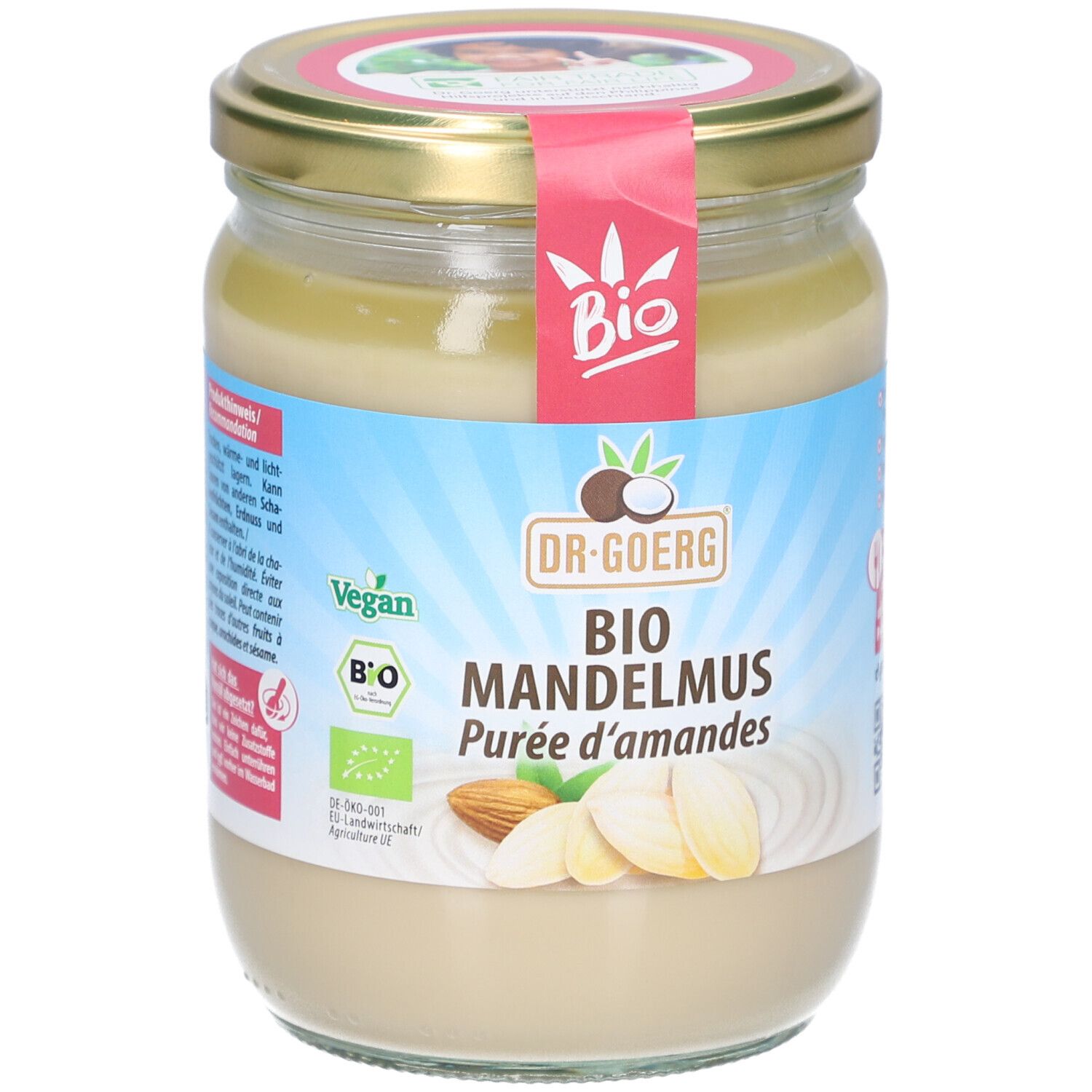 Pot de purée d'amandes. Inscription : Bio Mandelmus, Dr. Goerg. Labels vegan et bio. Illustration d'amandes.