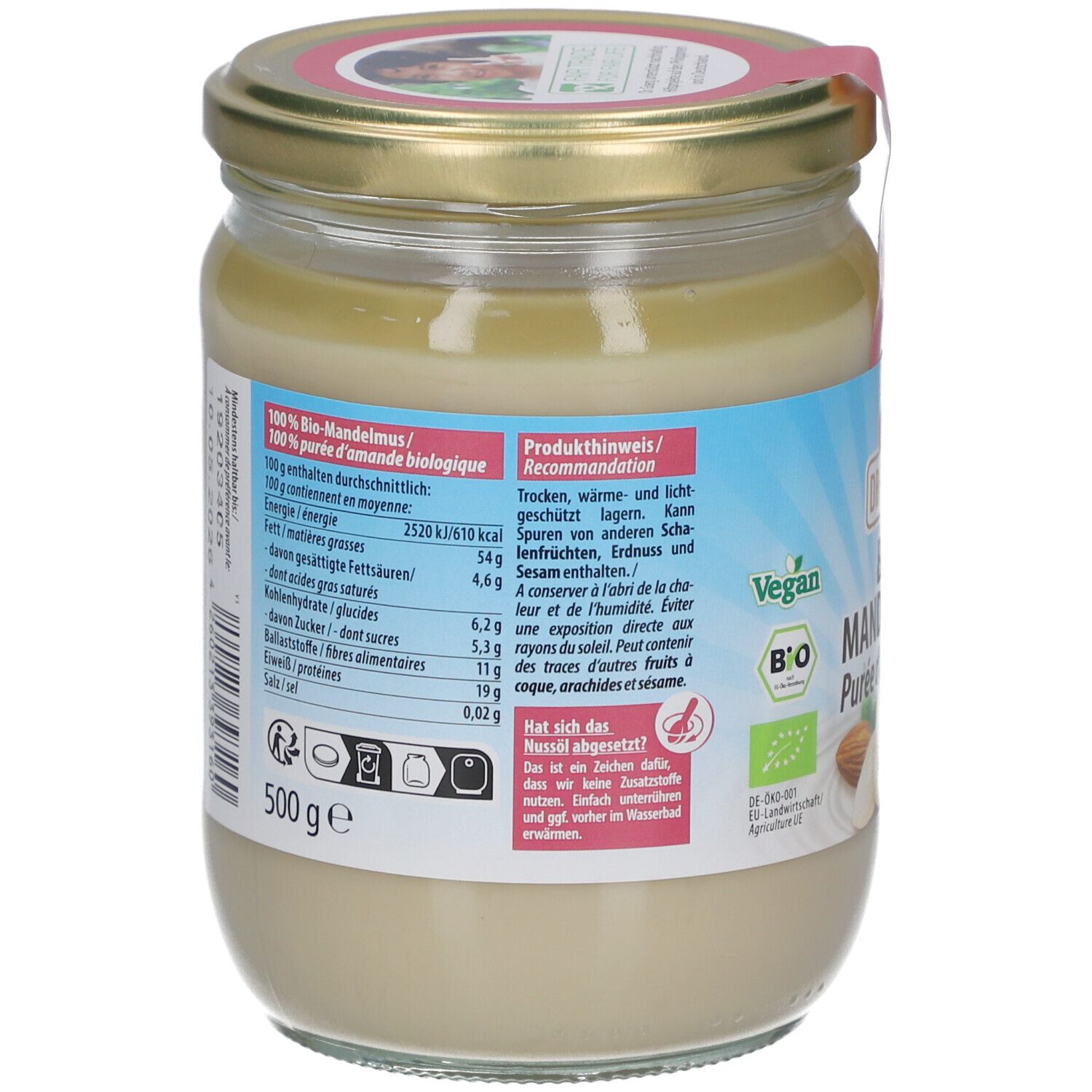 Dos du pot de purée d'amandes. Inscription : 100% Bio-Mandelmus, informations nutritionnelles, recommandations. Labels vegan et bio.