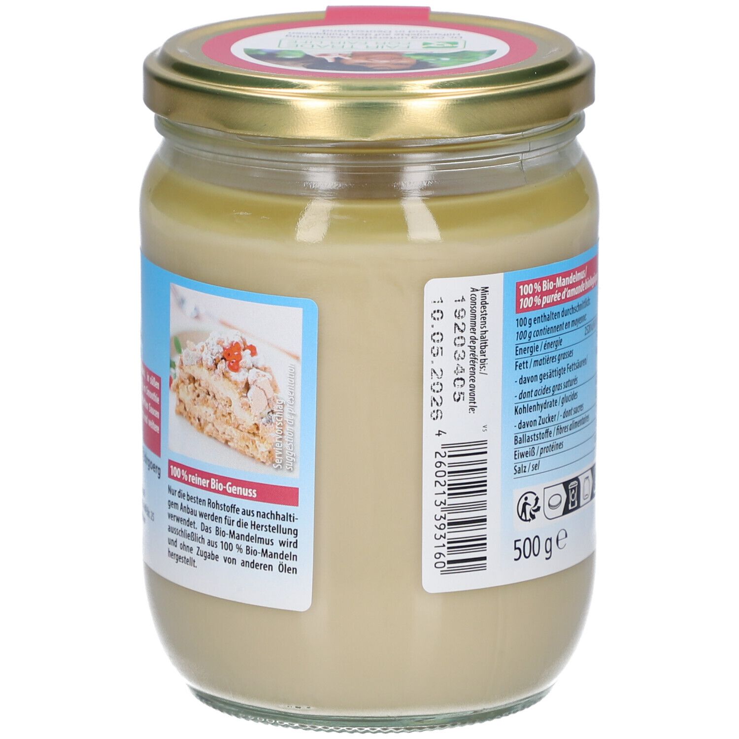 Dos du pot de purée d'amandes. Inscription : 100% Bio-Genuss, date de péremption, informations nutritionnelles. 500g.