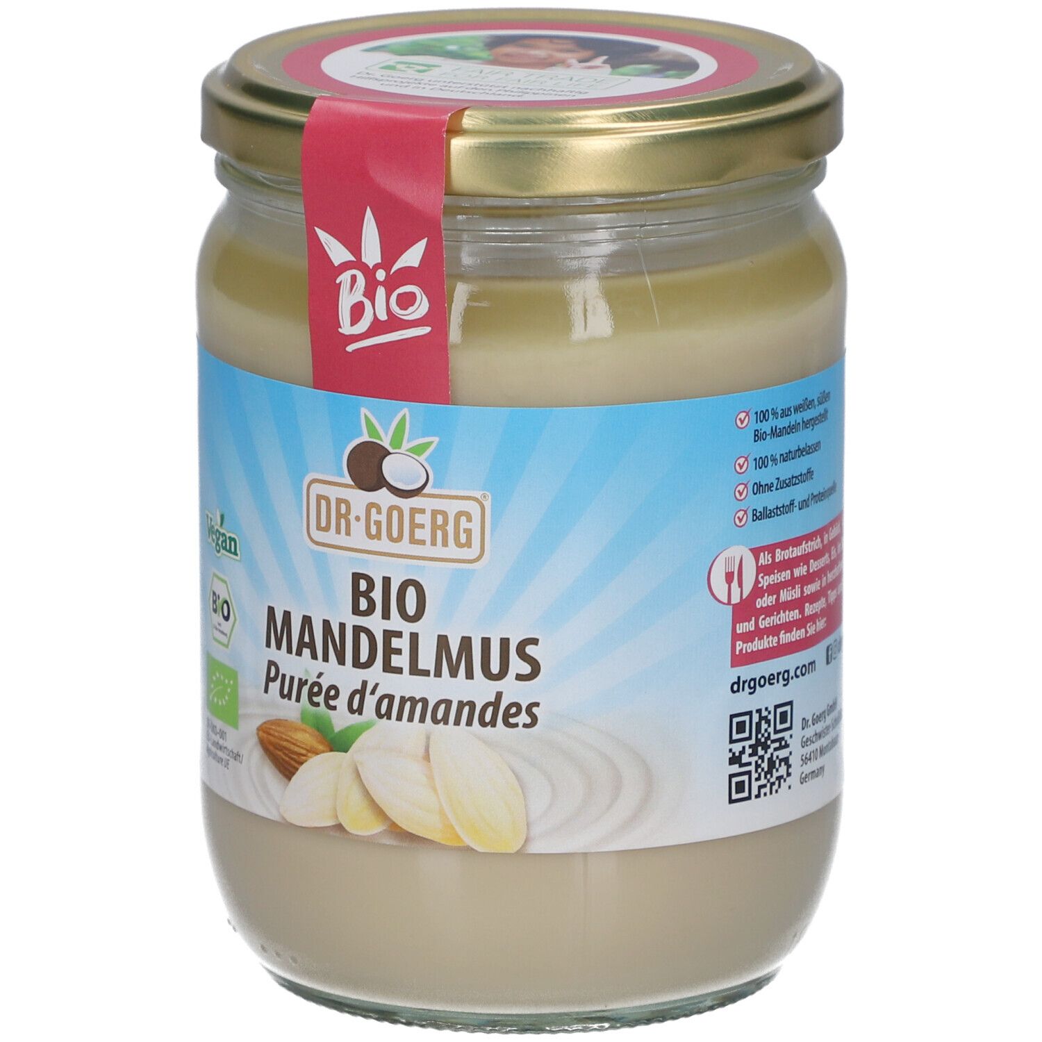 Pot de purée d'amandes. Inscription : Bio Mandelmus, Dr. Goerg. Labels vegan et bio. Illustration d'amandes.