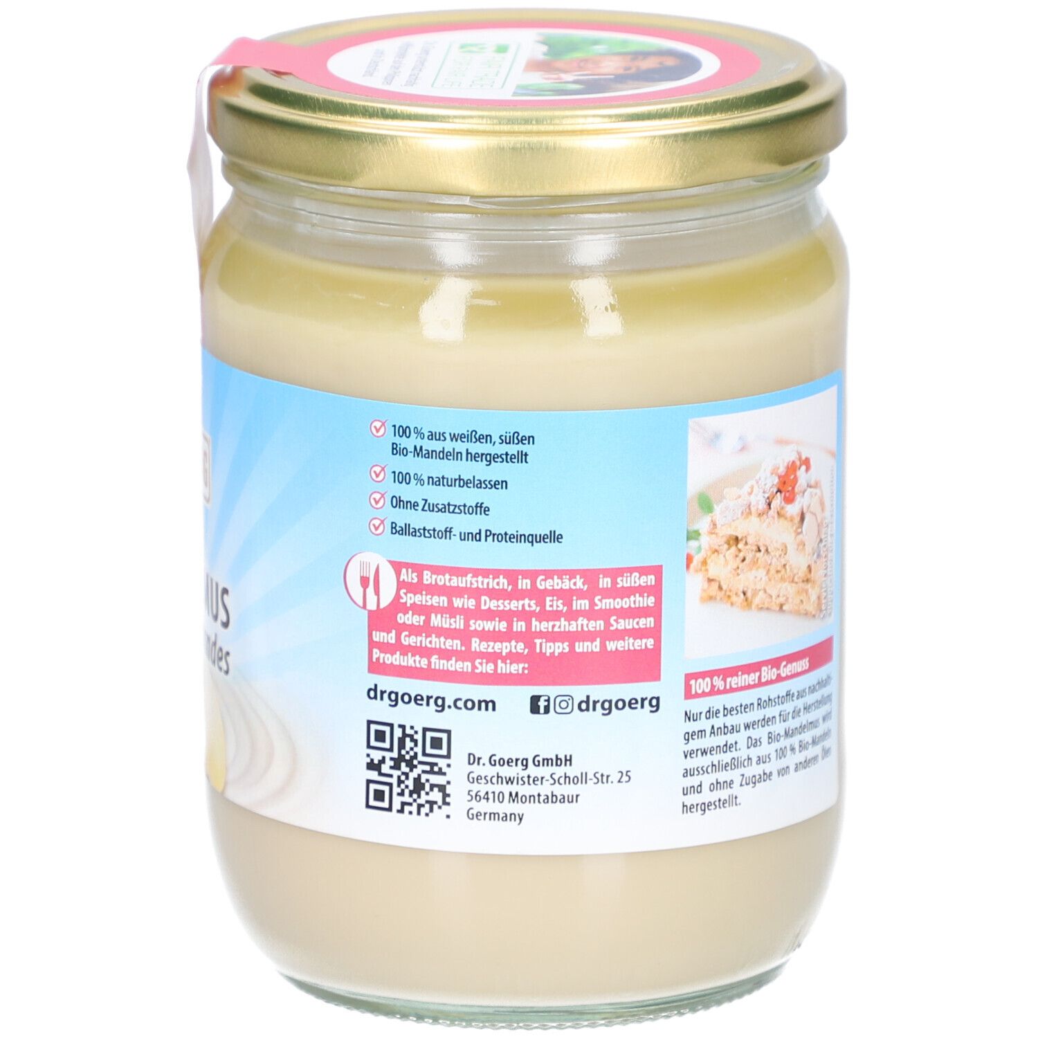 Dos du pot de purée d'amandes. Inscription : 100% à partir d'amandes blanches, bio, sans additifs. Code QR et coordonnées.