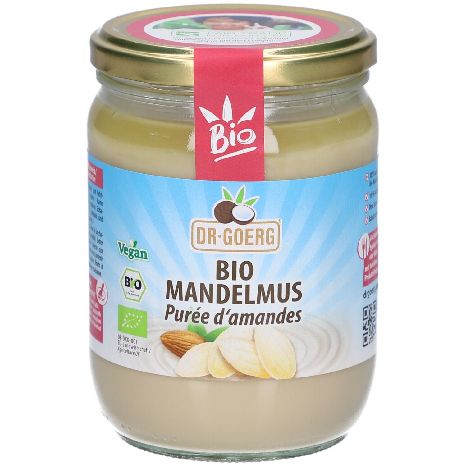 Pot de purée d'amandes. Inscription : Bio Mandelmus, Dr. Goerg. Labels vegan et bio. Illustration d'amandes.