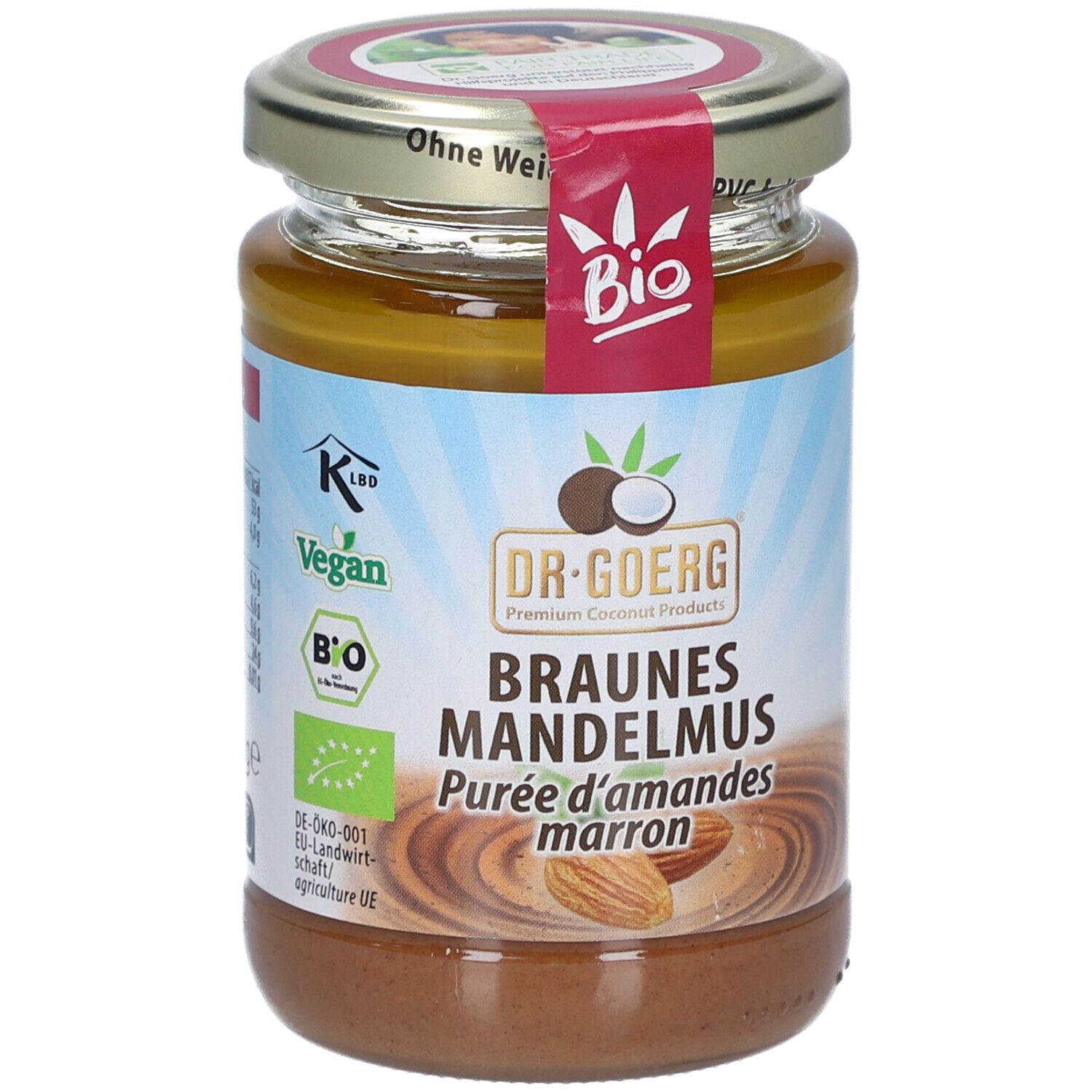 Pot de beurre d'amandes brun. Étiquette avec logo "Bio", "Vegan" et nom du produit "Braunes Mandelmus".