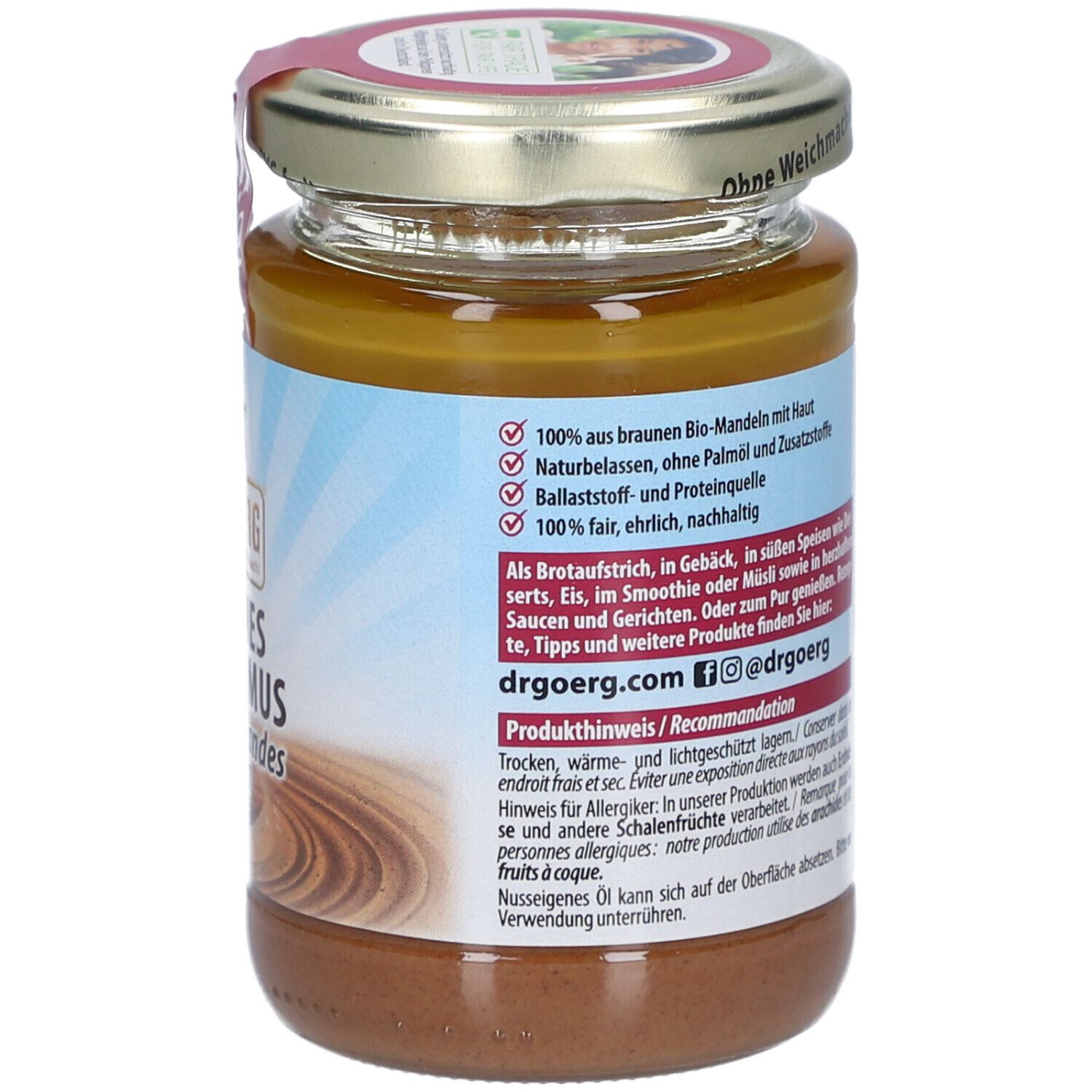 Pot de beurre d'amandes brun. Dos avec informations produit, dont "100% Bio-amandes" et recommandations.