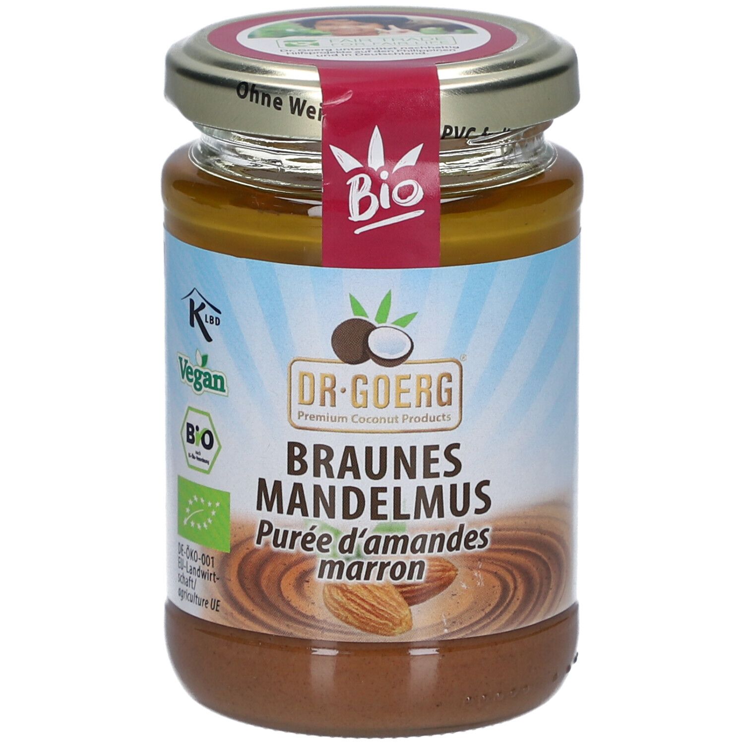 Pot de beurre d'amandes brun. Étiquette avec logo "Bio", "Vegan" et nom du produit "Braunes Mandelmus".