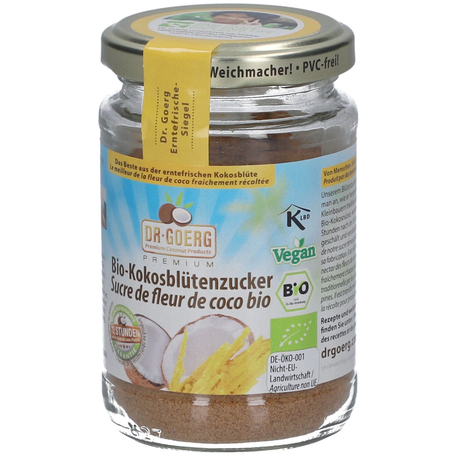 Pot de sucre de fleur de coco bio. Étiquette jaune avec informations. Couvercle avec inscription.